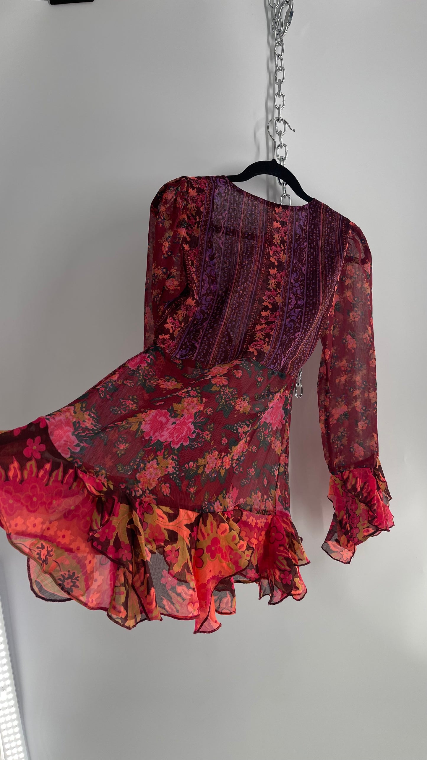 Free People Maroon/Burgundy Red Floral Tie Front Blouse with Ruffled Sleeves and Hem (Small)