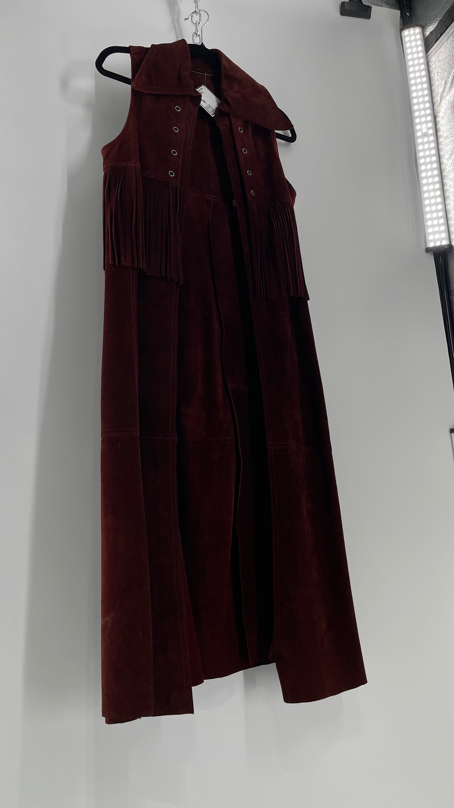 Vintage 1970s Suede Leather Full Length Reddish Brown Vest (S/M)