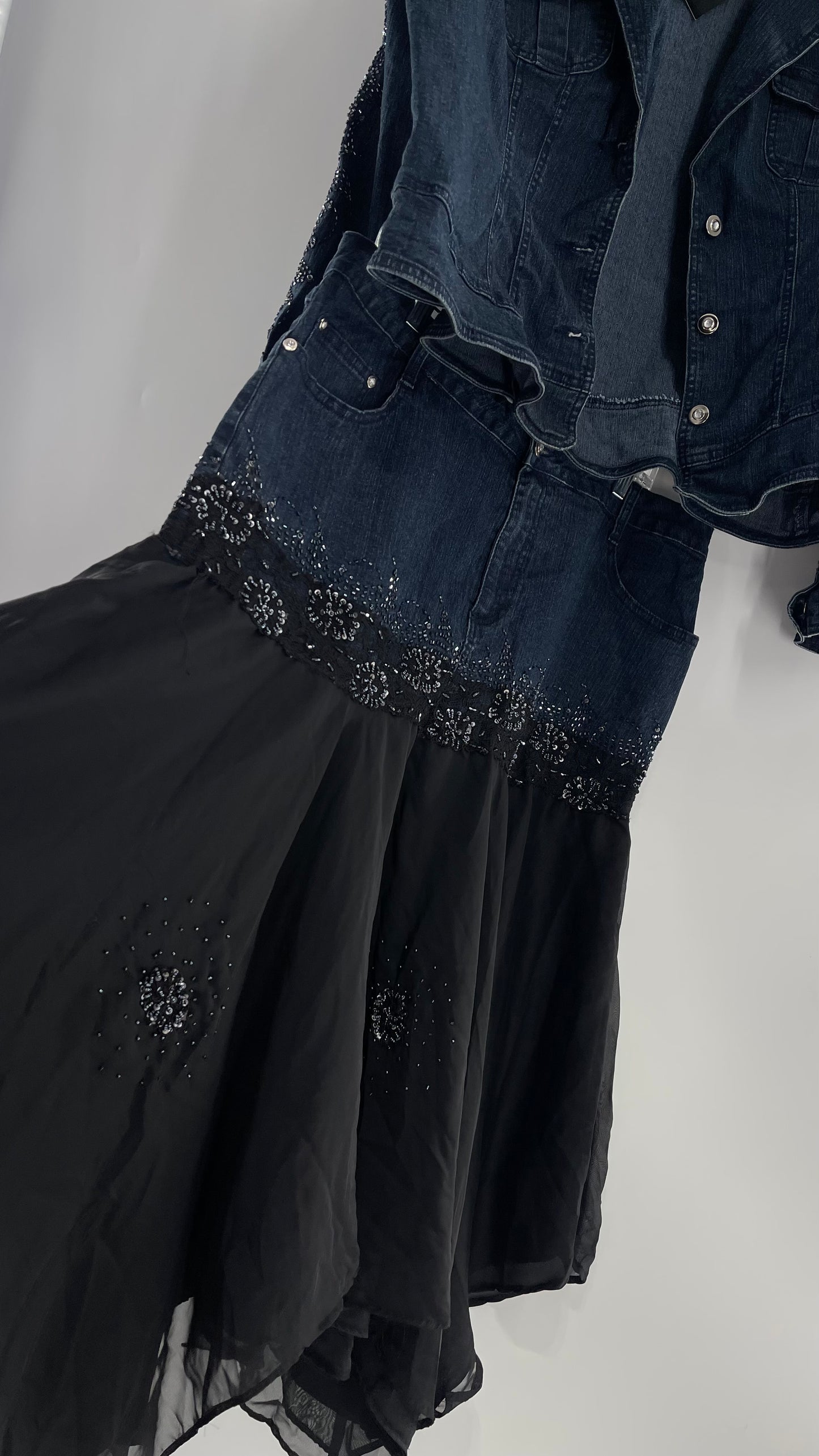 Vintage Ashley Stewart Denim Skirt and Button Up Set with Black Embroidered and Beaded Lace Details + Handkerchief Skirt (16W)