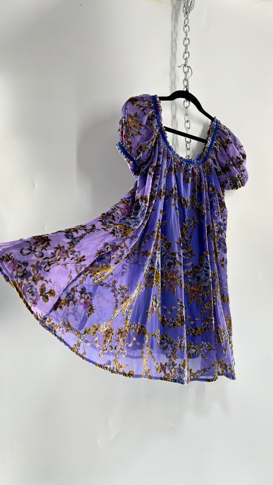 Free People Royal Blue Velour Floral and Bow Puff Sleeve Babydoll Mini Dress (XS)