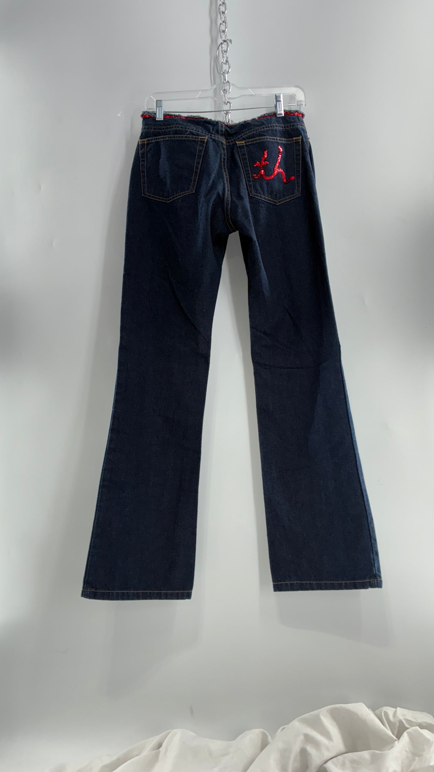 Vintage Tommy Hilfiger Low Rise Jeans with Frayed Waist Lined in Red Sequins (7)