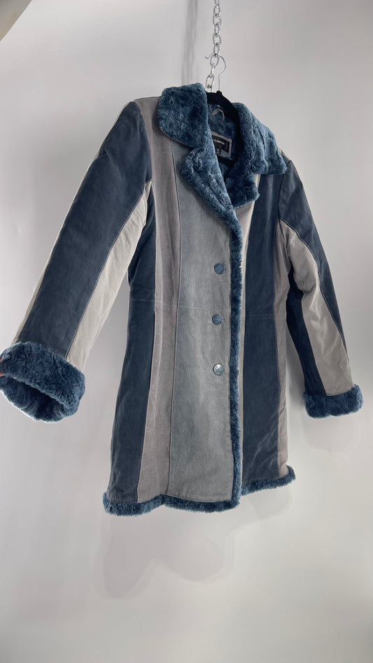 VINTAGE Colbrook Blue Denim Suede Leather Patchwork Coat with Fur Cuffs and Collar (Medium)