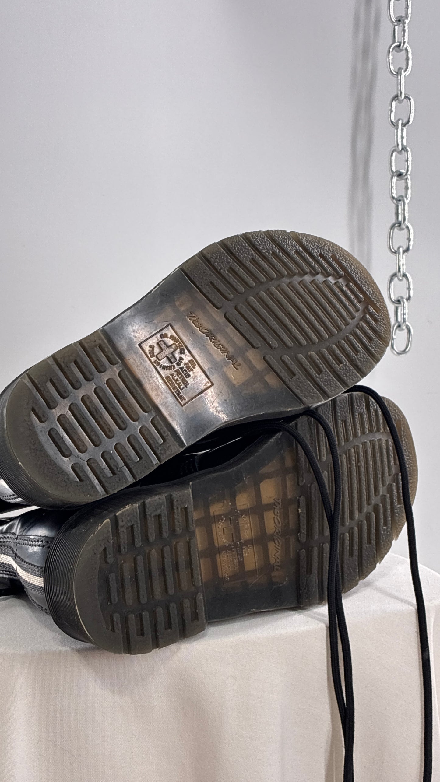 Vintage DR.MARTENS AirWair 1460 DISRUPT Black Patent Leather Boots with White Hardware (8L, 7M)