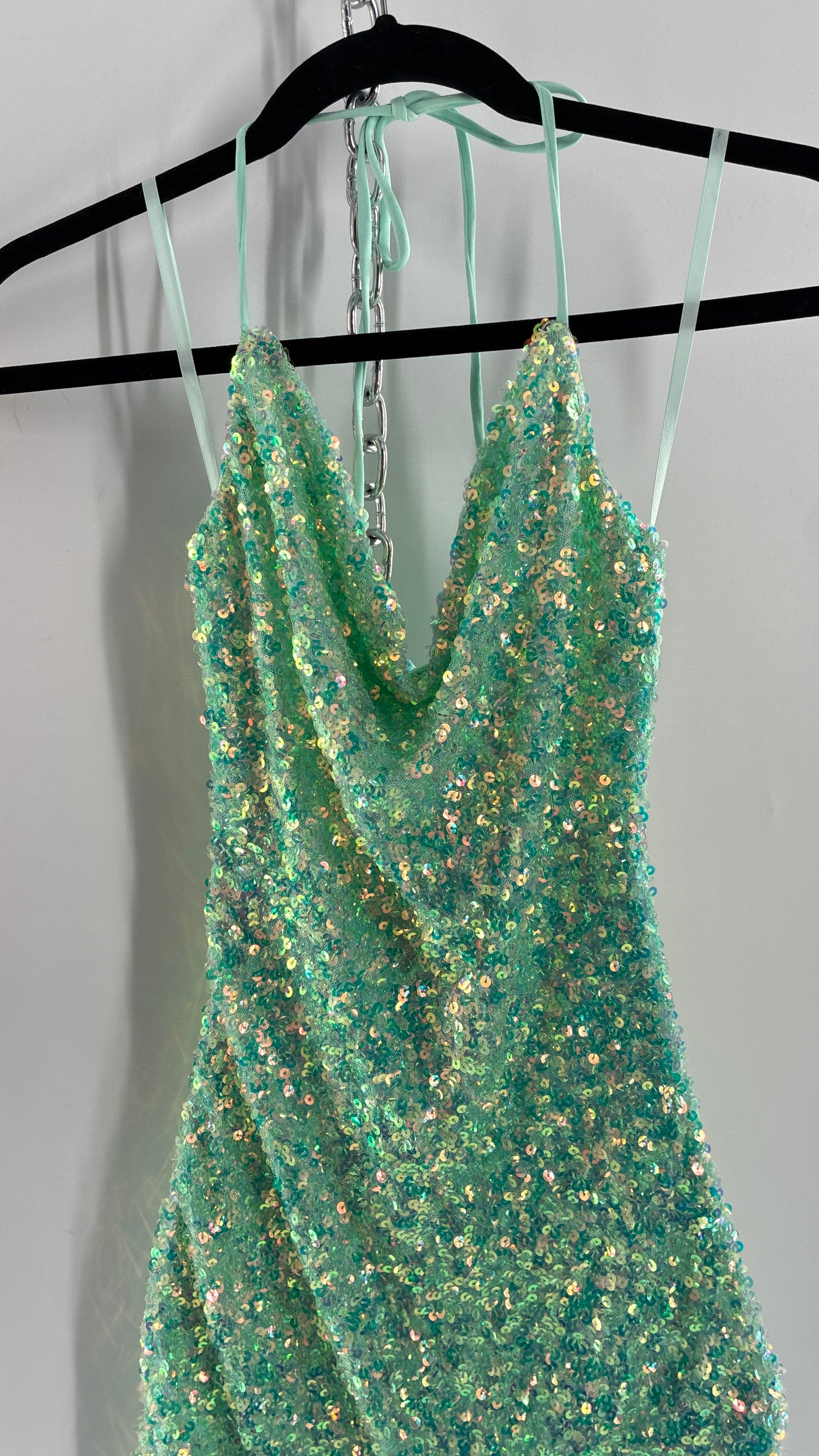 WINDSOR Aqua Blue Sequin Mini Dress with Draping Bustline and Tags (Small)