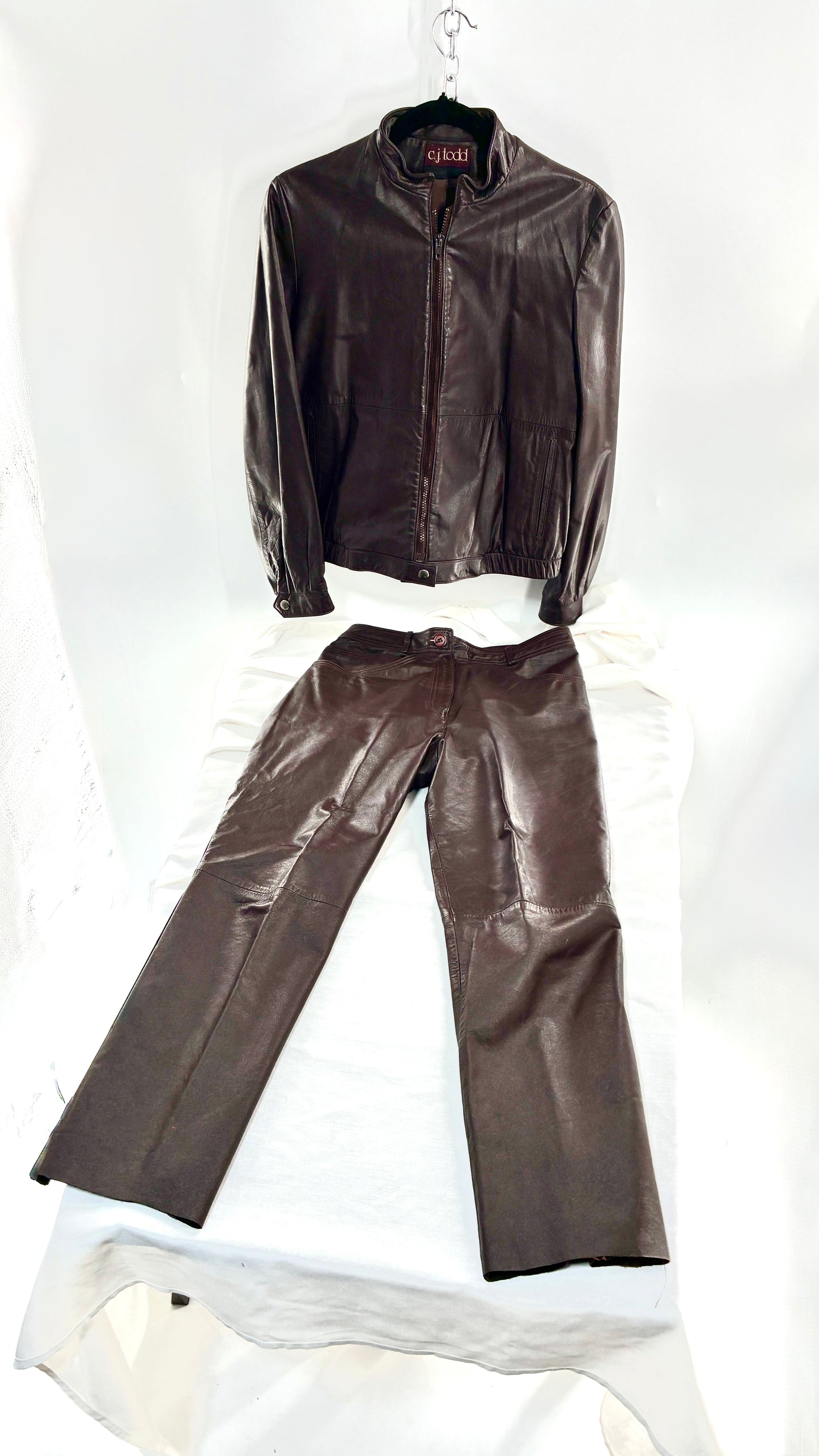 Vintage JORDACHE X CJ TODD Chocolate Brown Genuine Leather Trouser Moto Jacket Set (Small)