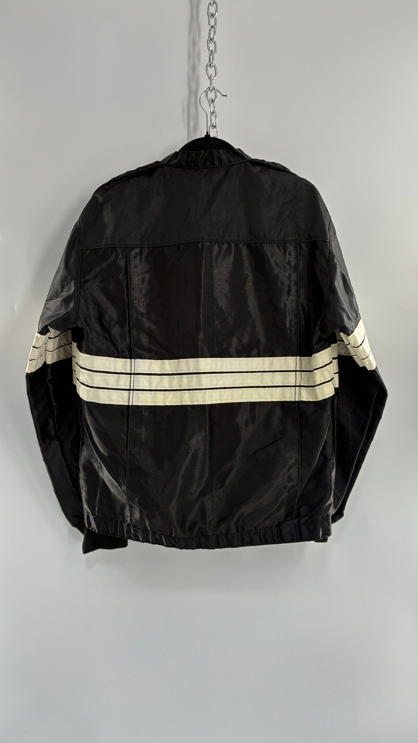 Vintage TMC RACING Black Jacket with White Striped Detailing (Large)