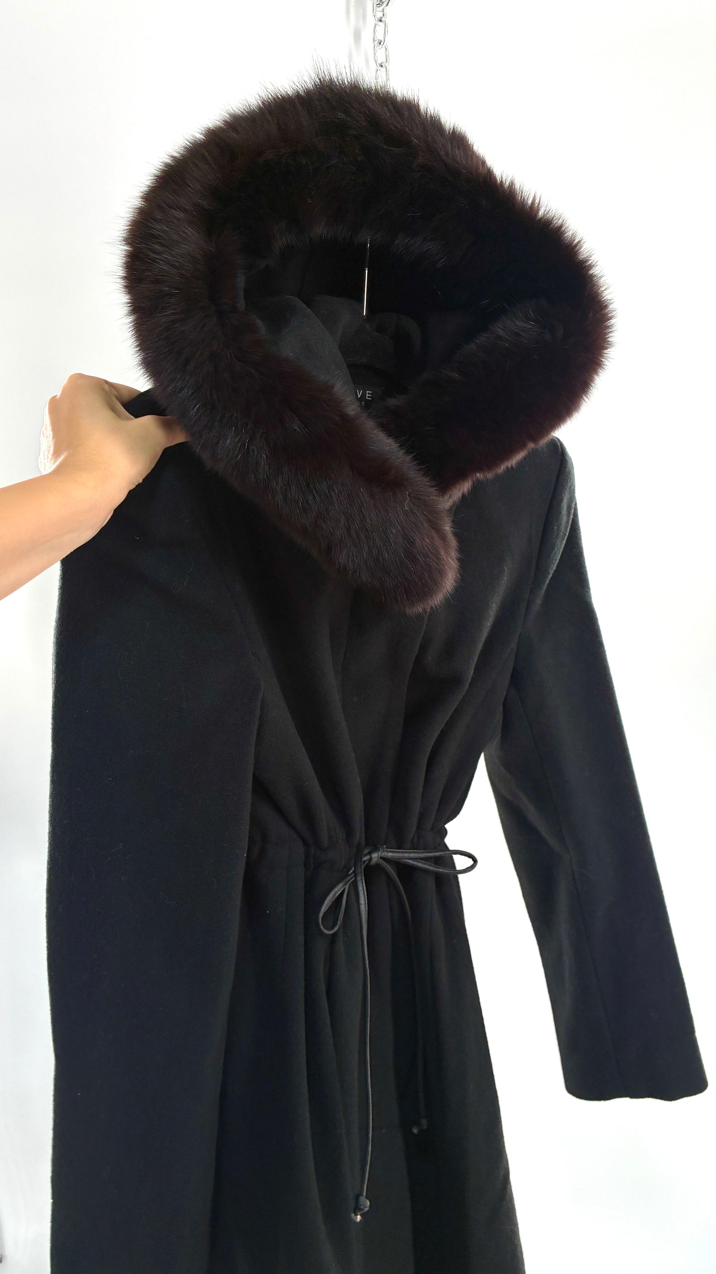 Vintage STEVE by SEARLE Cashmere Blend Coat with Underbust Tie and Fur Hood