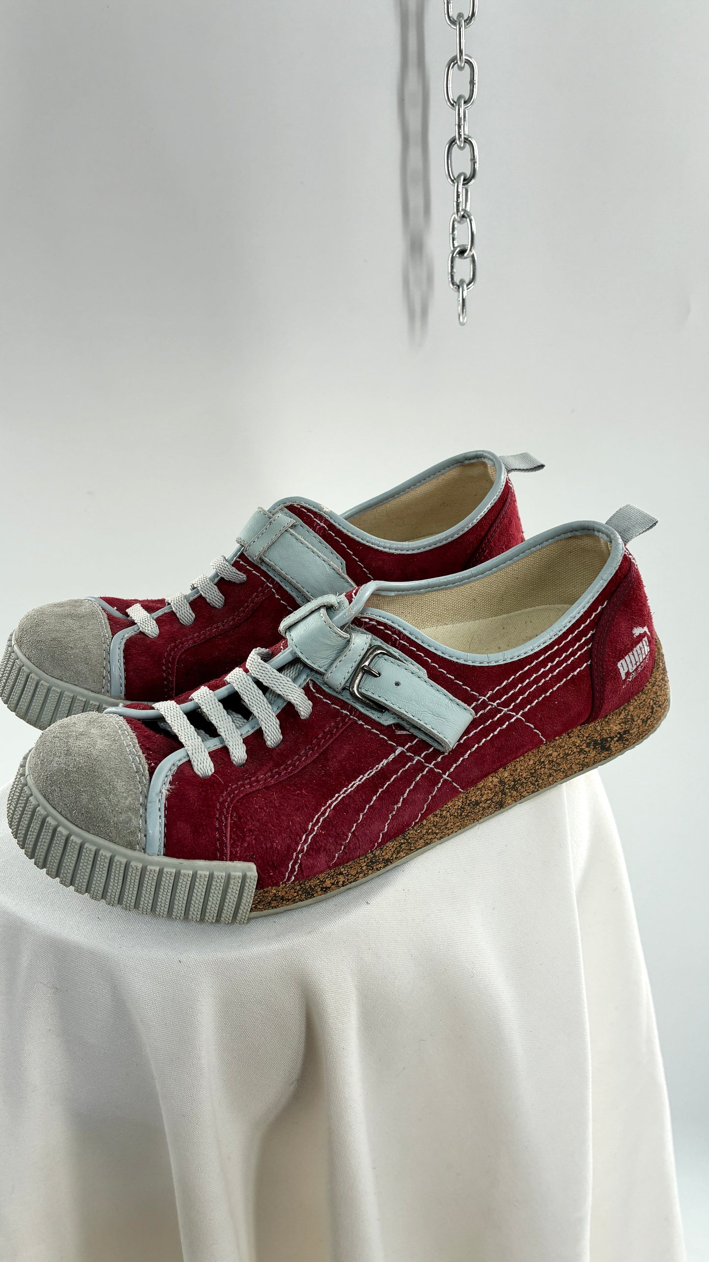 RARE 1/1 PUMA X Neil Barrett 2004 Maroon Red Suede Round Toe Sneaker with Powder Blue Stitching, Laces, and Velcro Buckle (11)