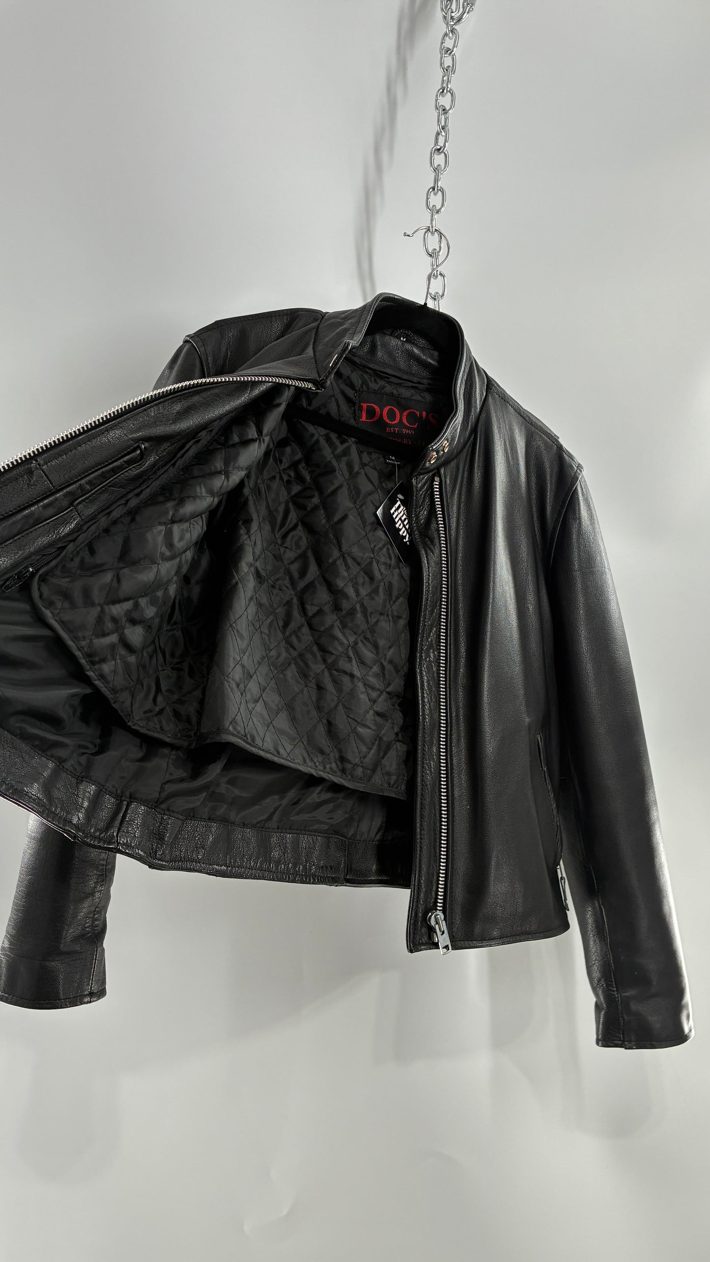 Vintage DOC’s Black Thick Leather Jacket with Removable Quilted Lining, Zippered Sides and Heavy Metal Details (Medium)