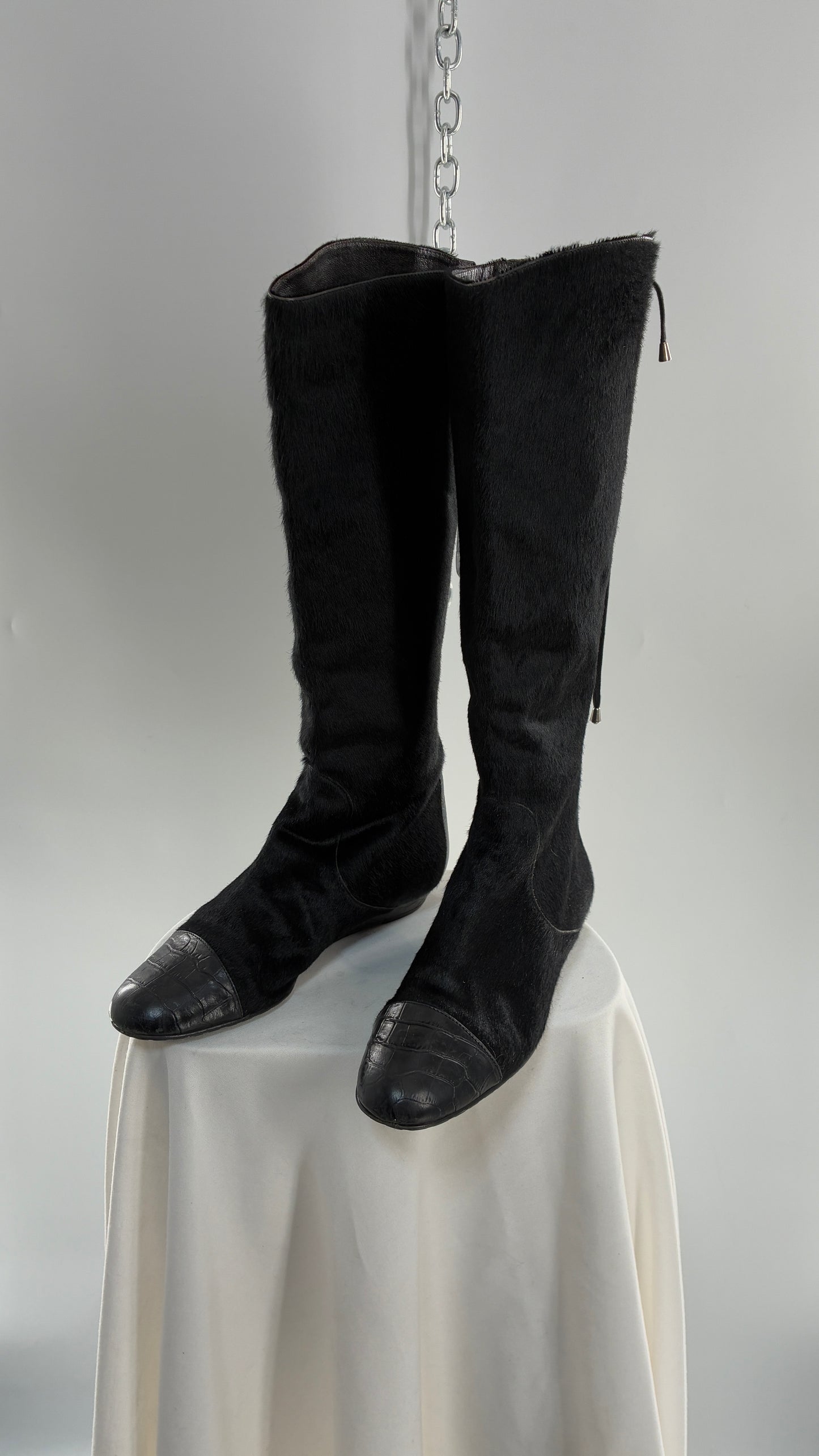 Vintage MIGLIORINI Black Genuine Calf Hair/Fur Boots with Heel, Made in Italy (7.5)