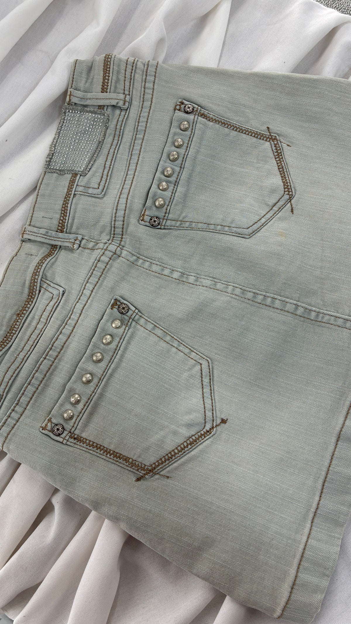 Deadstock Vintage Stylebook Light Denim Mini Skirt with Heavy Engraved Studs and Pleated Details (Small)