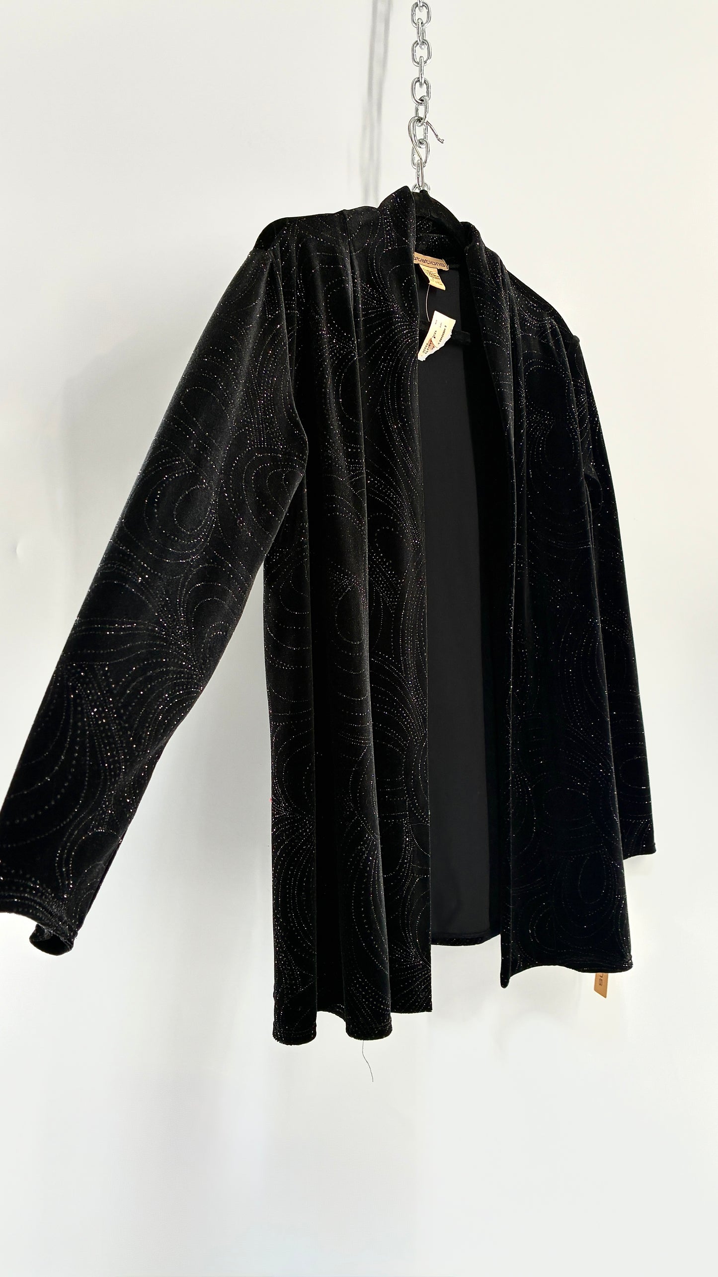 Deadstock Vintage NOTATIONS Black Velvet Glitter Patterned Cardigan (Small)