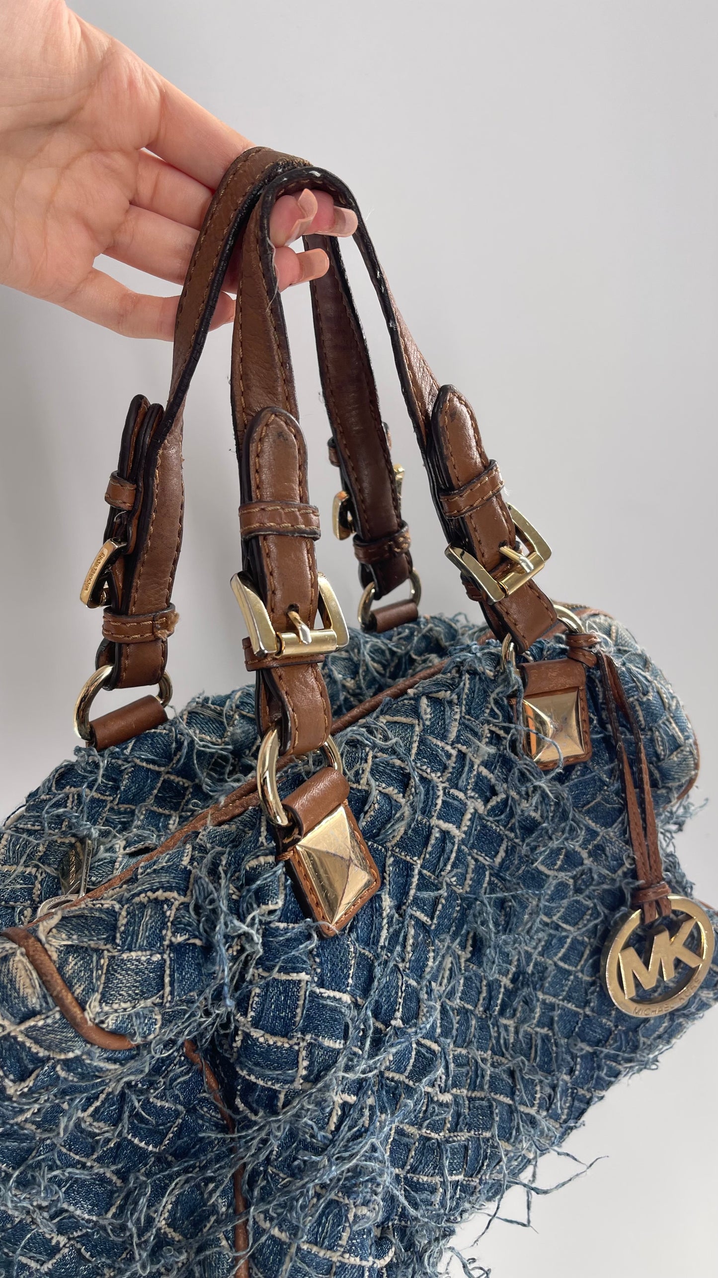 Vintage Michael Kors Woven Distressed Denim Bag with Leather Straps and Gold Hardware