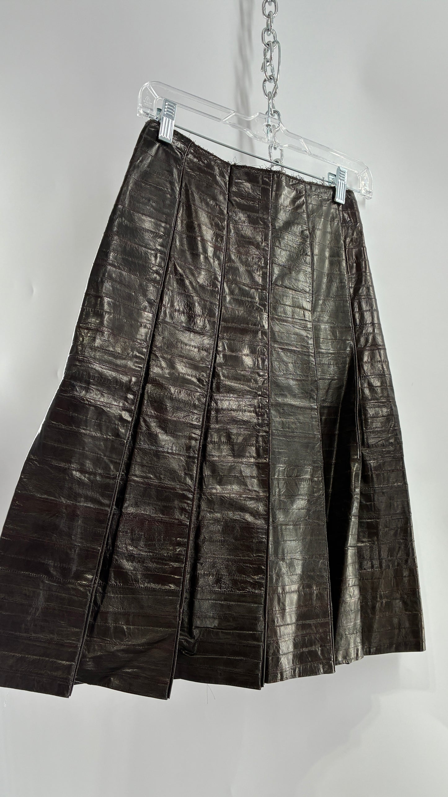Vintage Handmade Pleated Dark Brown Genuine Leather Patchwork Skirt (XS)