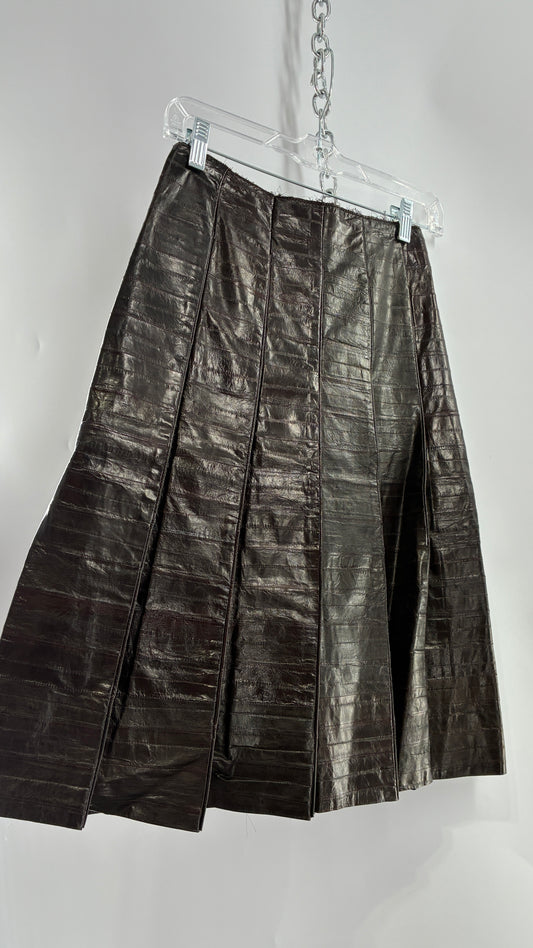 Vintage Handmade Pleated Dark Brown Genuine Leather Patchwork Skirt (XS)