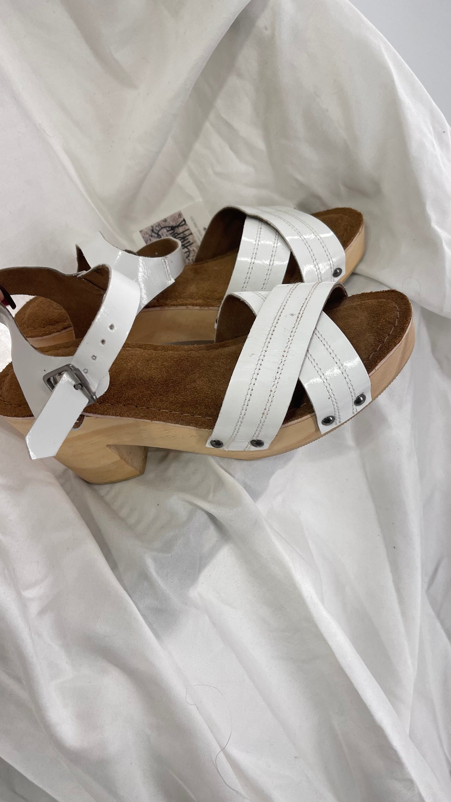 Urban Outfitters White Patent Clogs with Wooden Heel (6)