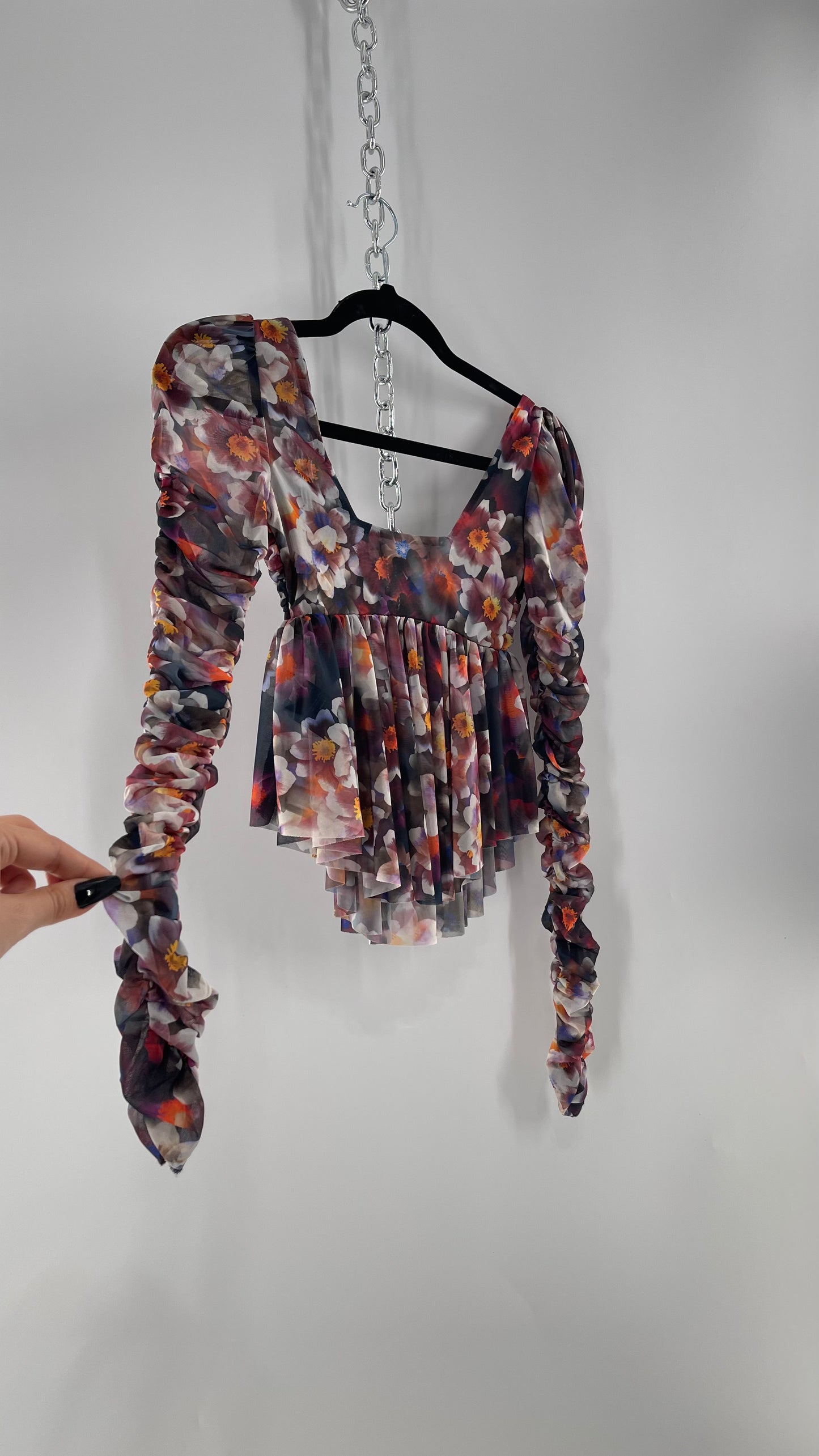 Urban Outfitters Psychedelic Floral Mesh Cropped Blouse with Ruched Sleeves and Pleated Hem   (XS)