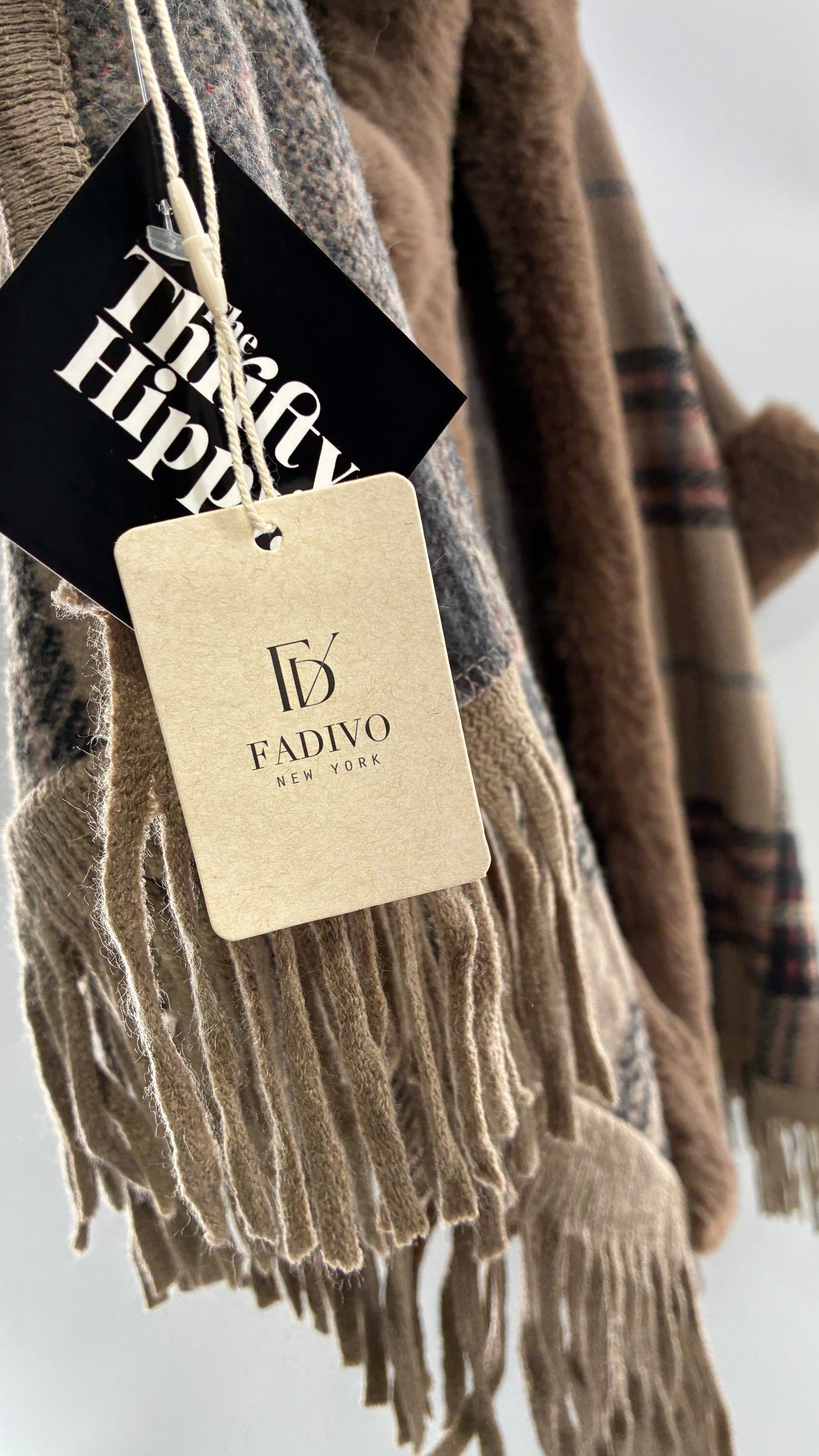 FADIVO NEW YORK Plaid Taupe Cape with Fur Trim and Tags Attached (OS)