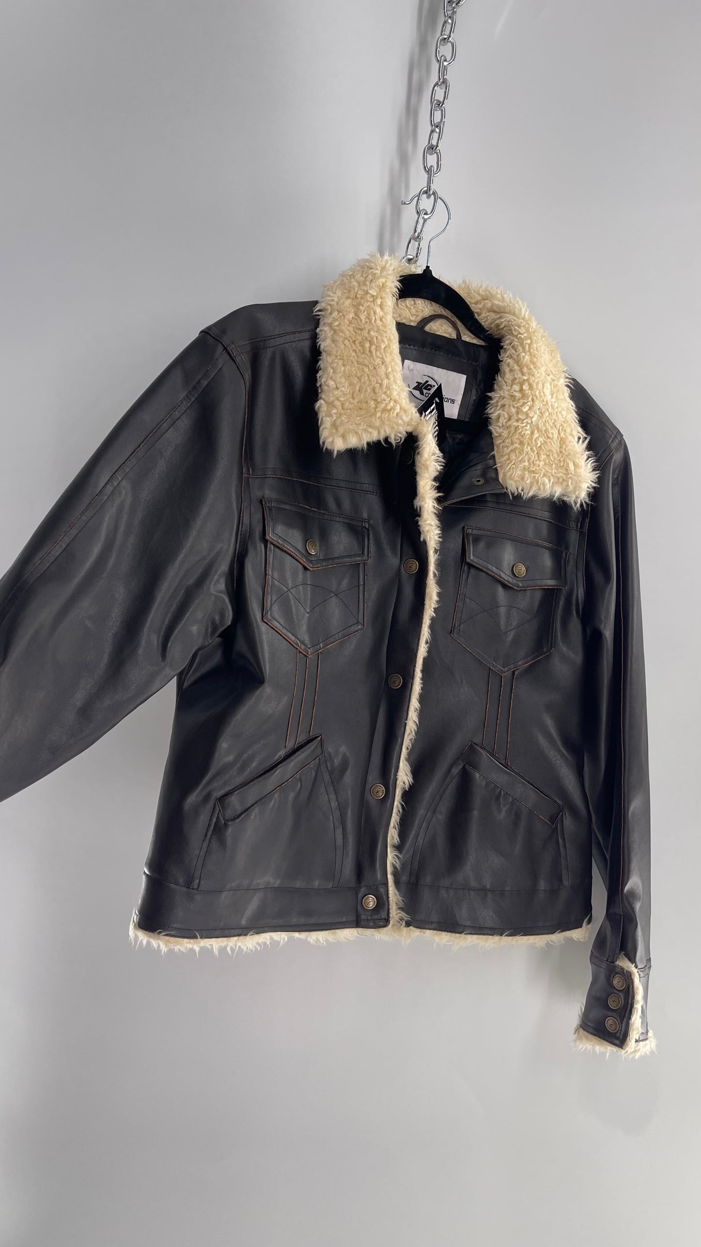 Vintage 90s KC Collections Brown Vegan Leather Jacket with Faux Fur Trim (XL, fits like a M/L)