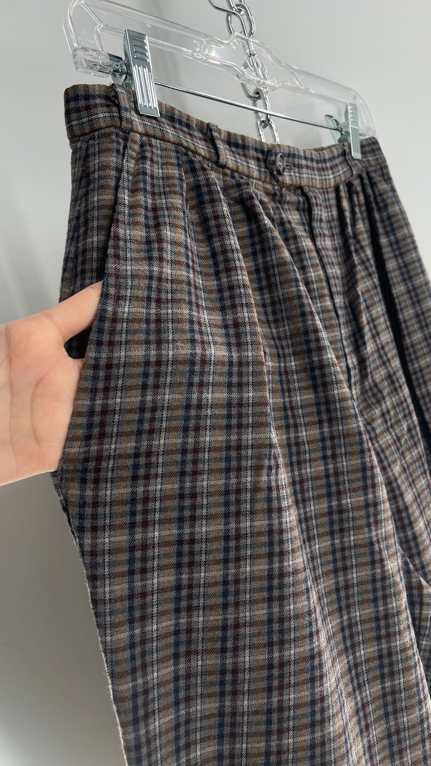 Vintage 100% Wool Gray Muted Tones Plaid Pleated Baggy Trousers (2)