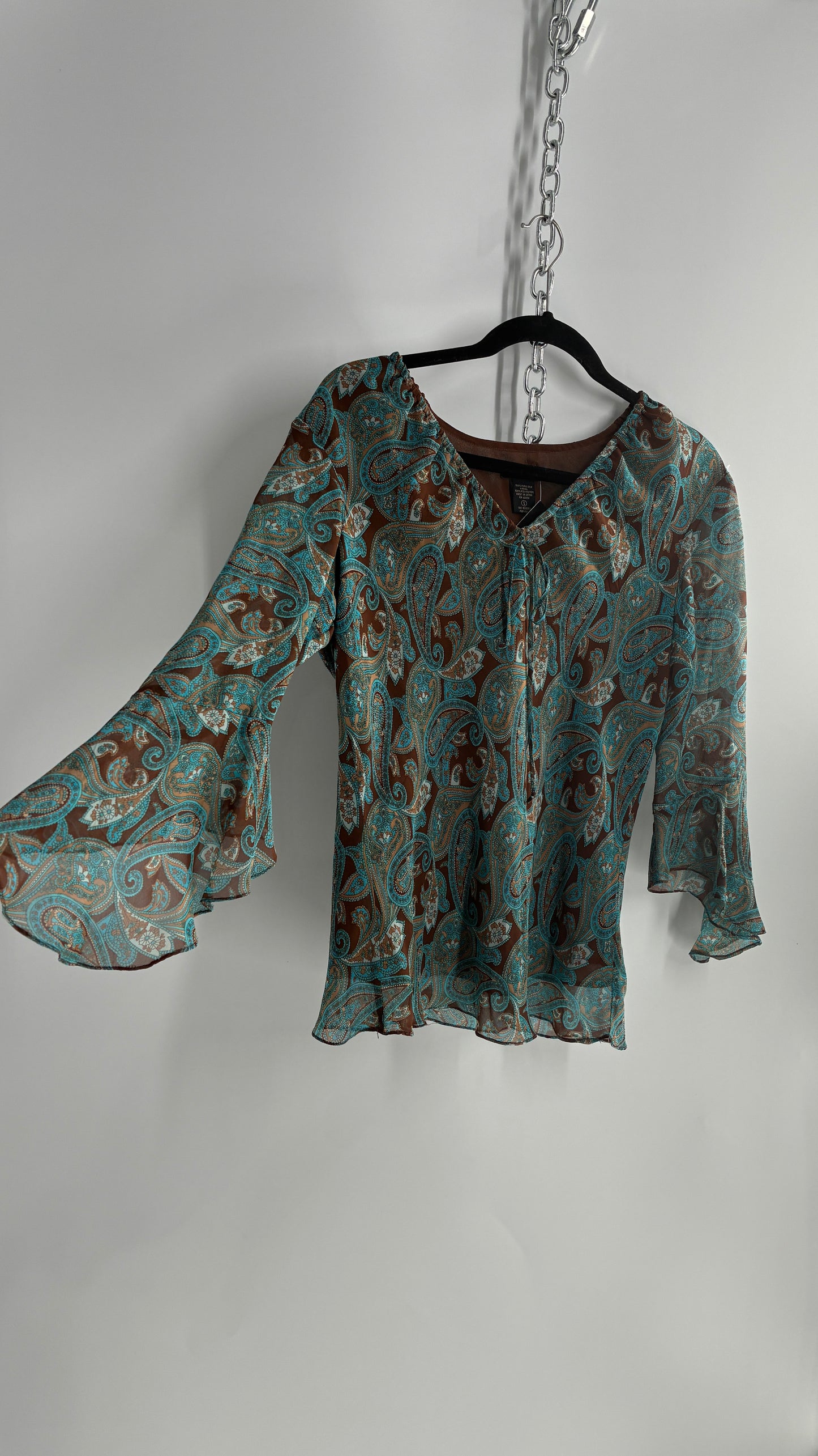 Vintage ANNE CARSON 100% Silk Brown and Turquoise Quarter Bell Sleeve Blouse (Small)
