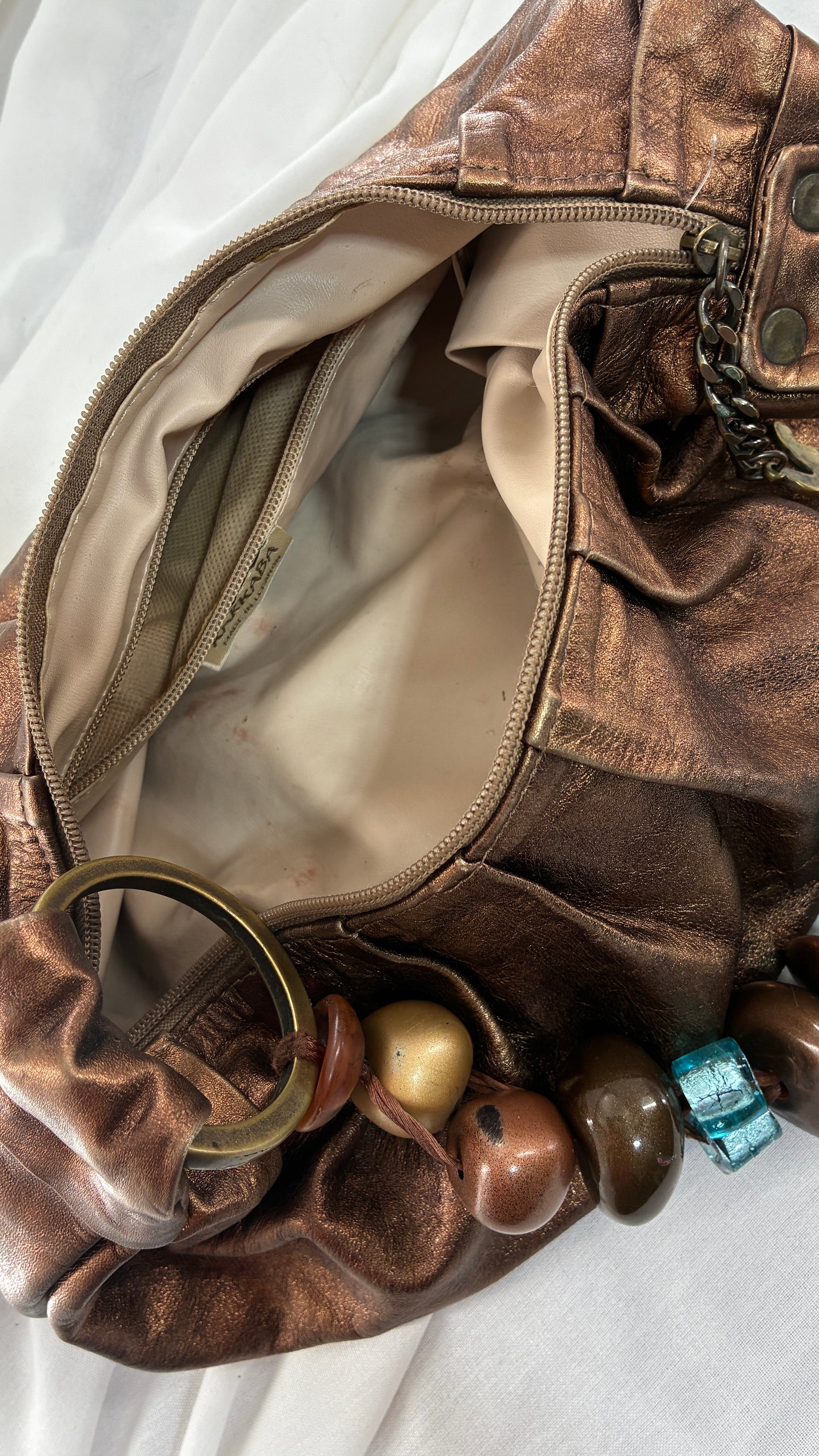 Vintage KARKABA  Metallic Bronze Leather Bag with Exaggerated Beaded Handles