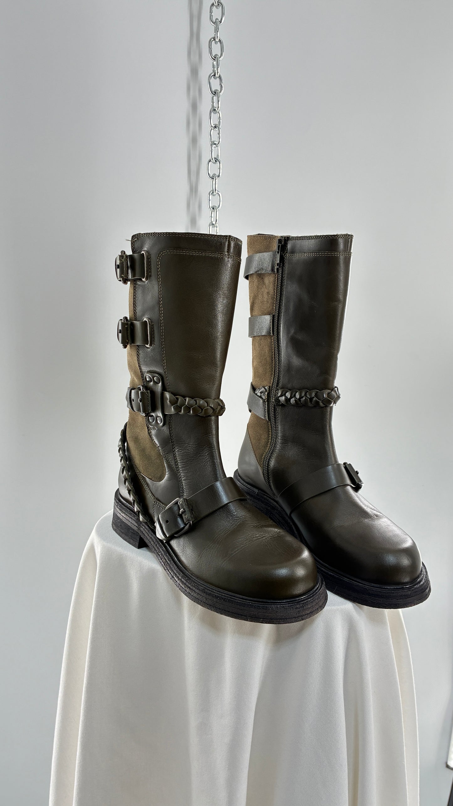 Free People Billie Olive Green Moto Boots with Buckle Closure (7)
