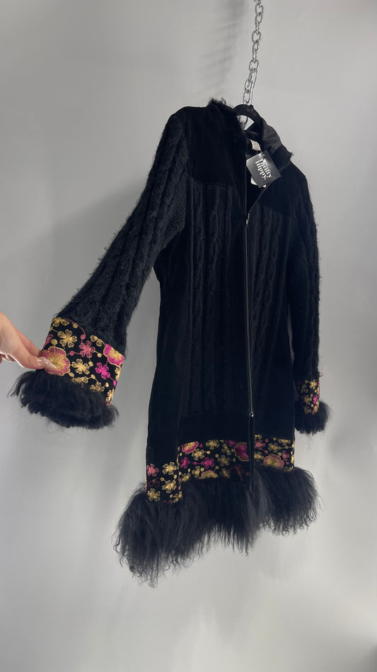 Rare Vintage Phosphorus Black Knit Coat with Suede Panels, Embroidered Suede Cuffs/Hem and Lamb Fur Trim on Hem, Cuffs and Hood (XL)