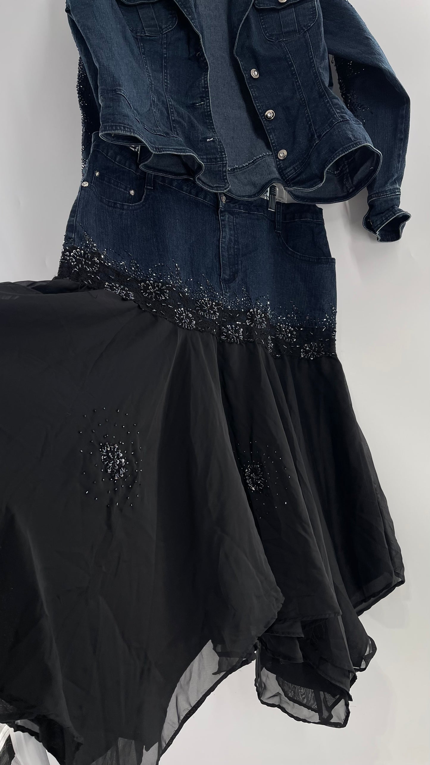 Vintage Ashley Stewart Denim Skirt and Button Up Set with Black Embroidered and Beaded Lace Details + Handkerchief Skirt (16W)