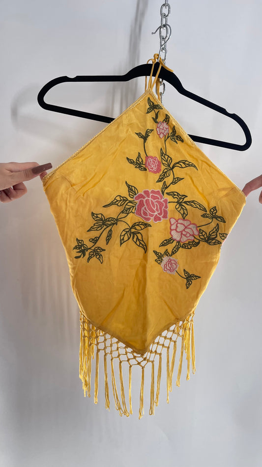Urban Outfitters Yellow Halter with Embroidered Roses and Fringe Hemline (Medium)