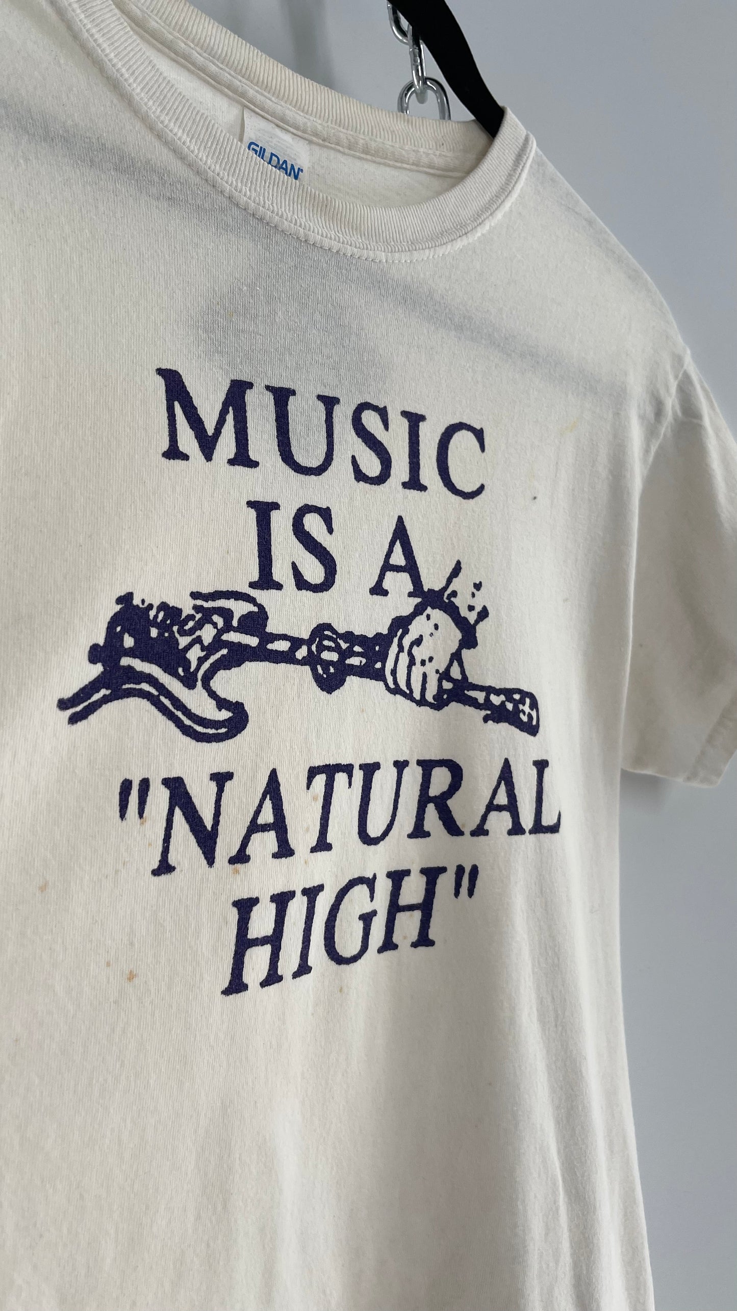 Vintage 1980s White T with Purple Music is a Natural High Font (Small)