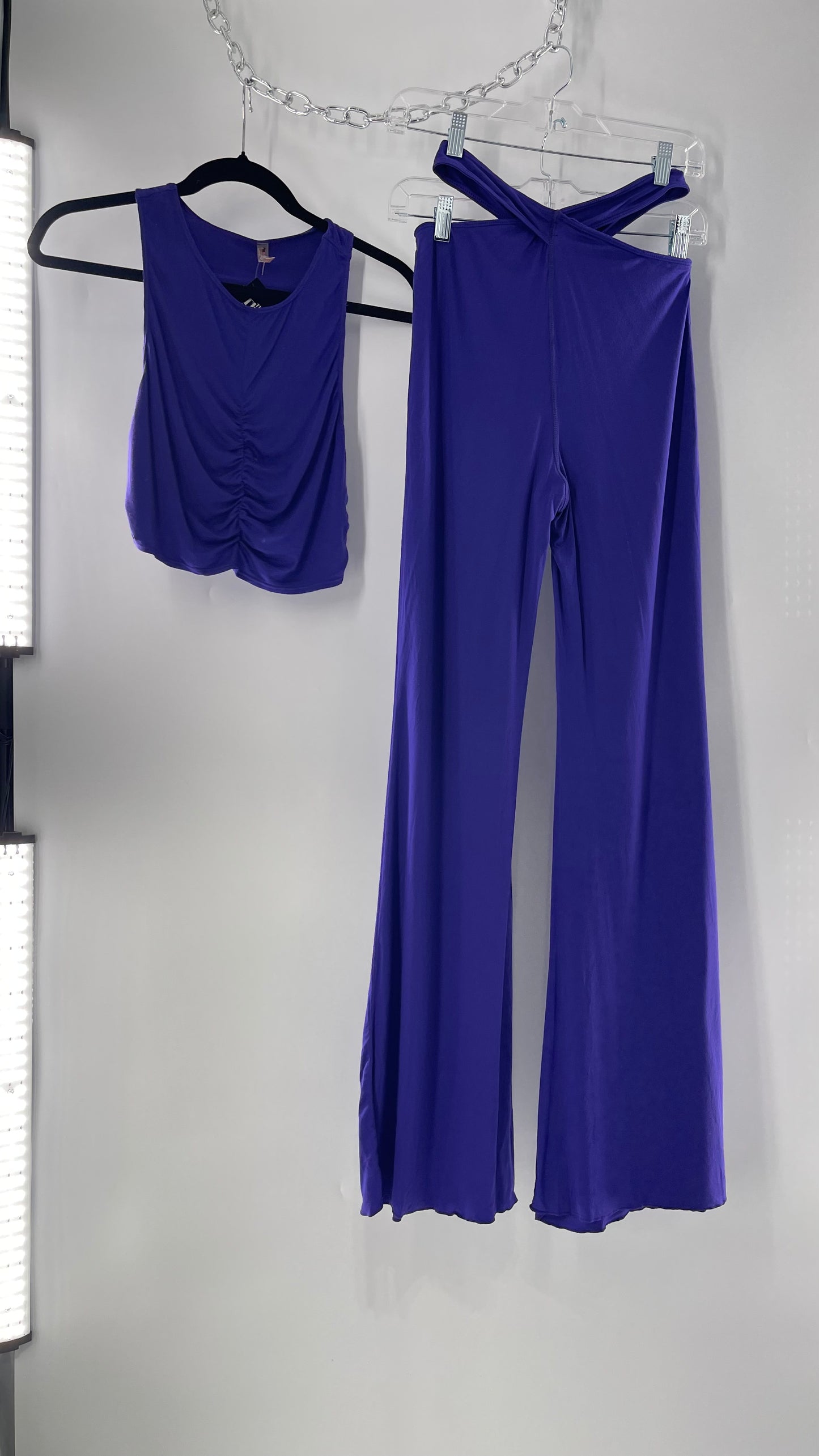 Free People 2 Piece Cobalt Purple Ruched Tank+ Cut Out Hip Strap Detail Flared Bottoms Set (Small)