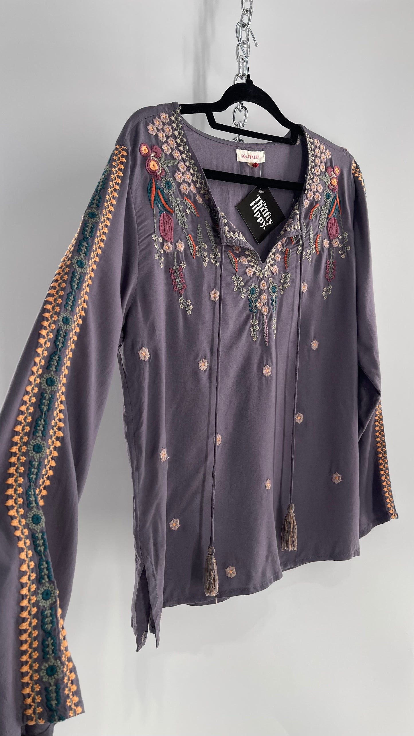 Anthropologie Solitaire Dusty Gray/Purple Embroidered Tunic Blouse (Medium)