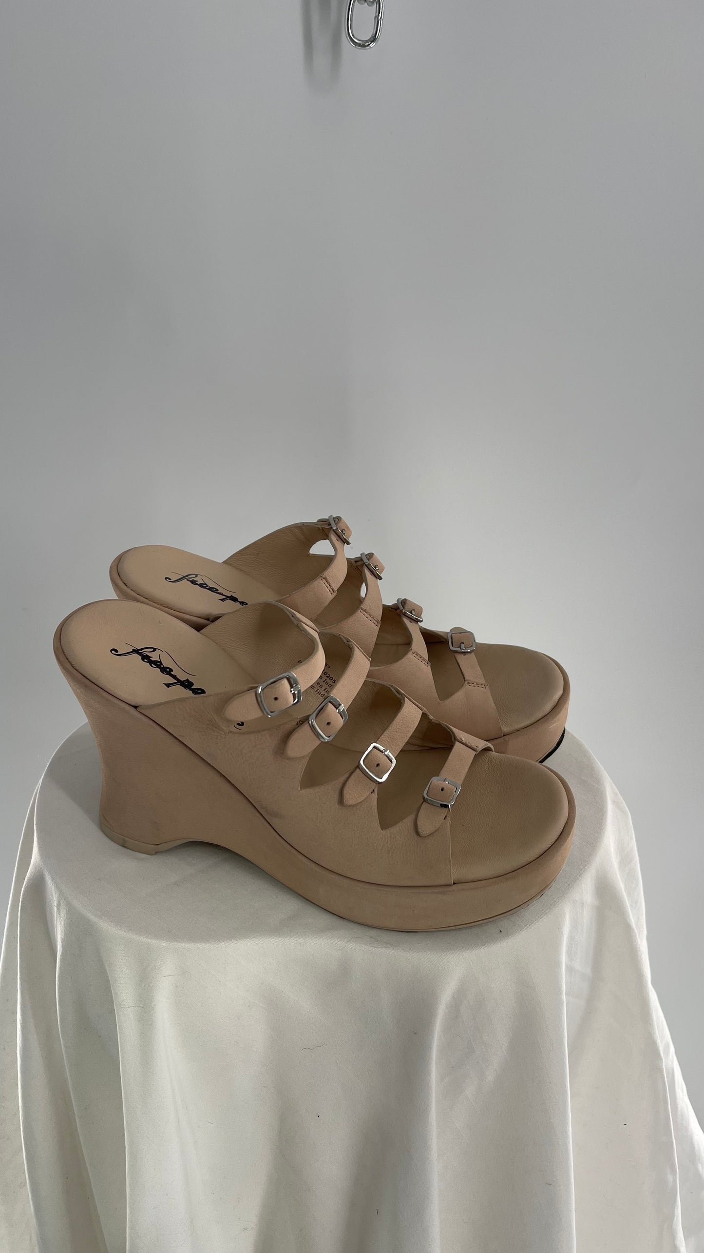 Free People Huffman Beige/Tan Leather Wedge Multiple Buckle Heel (37)