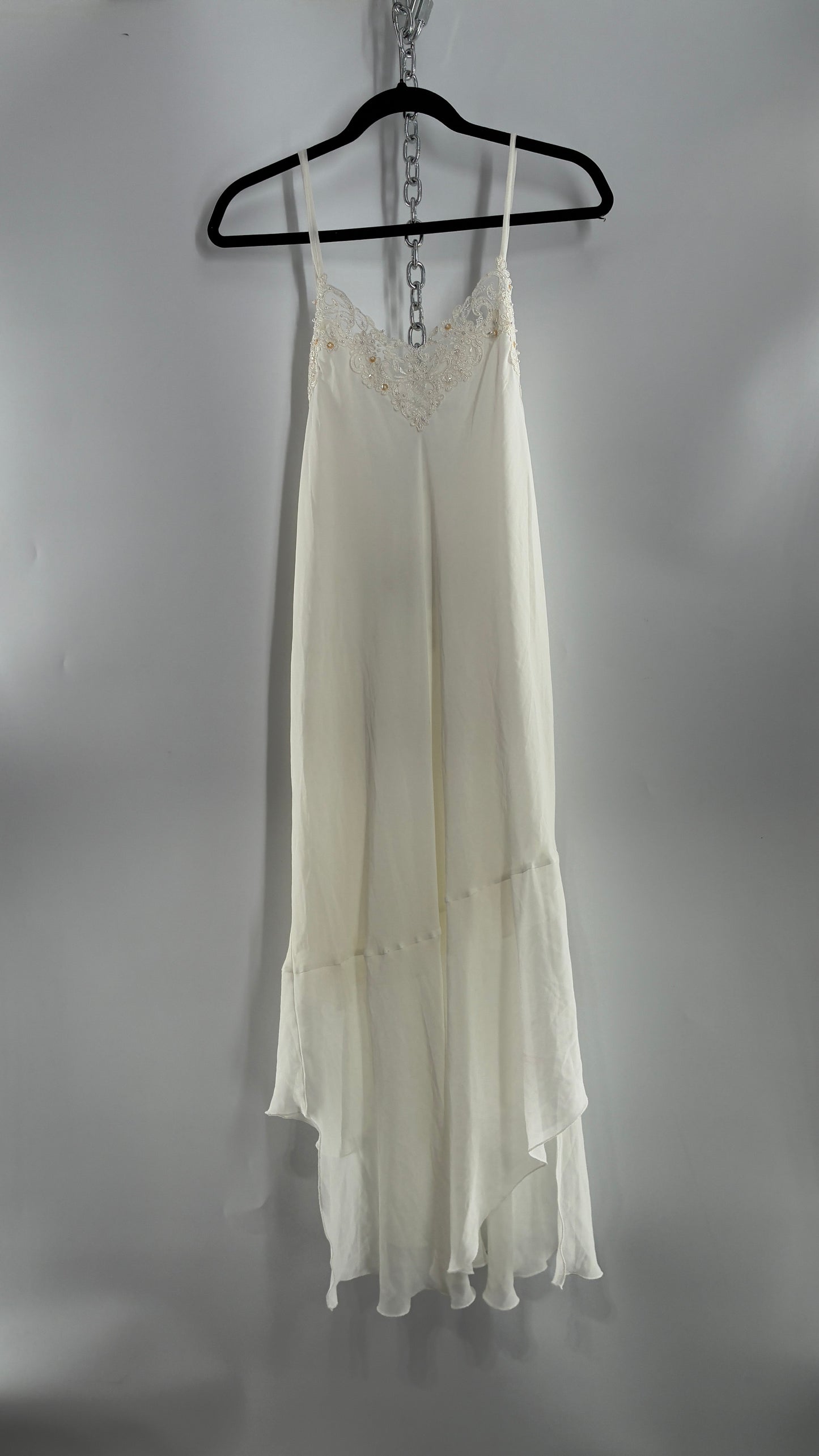 Vintage CALIFORNIA DYNASTY Ivory Maxi Slip Nightgown Dress with Sequin Neckline and Handkerchief Hem (Large)