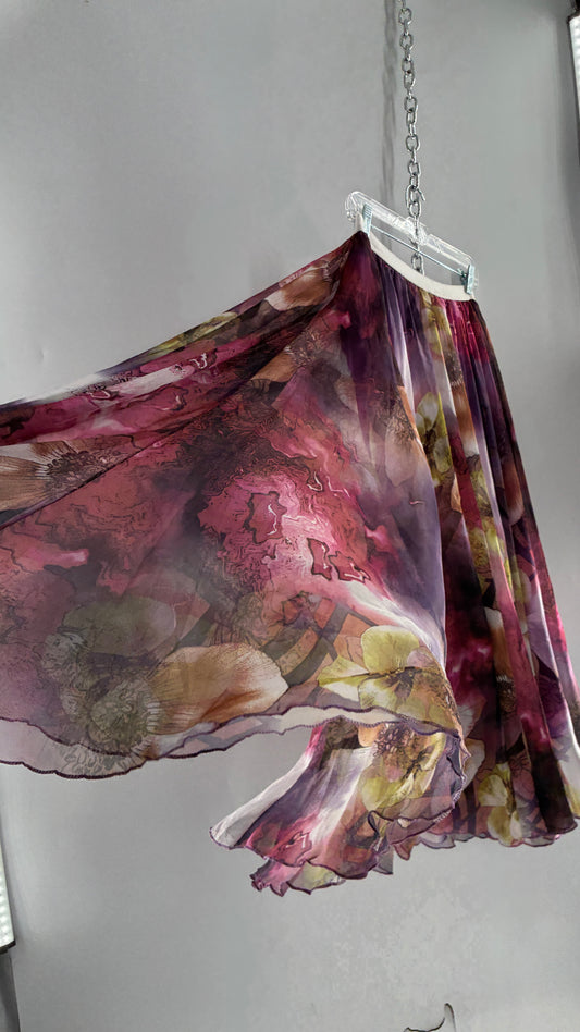 Vintage Full Length Silky Graphic Florals Skirt (Medium)