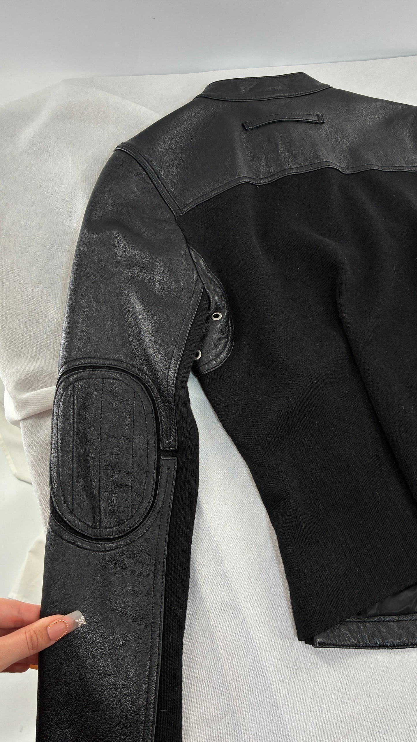 Vintage INC Black Genuine Leather and Wool Blend Paneled Patch Motorcycle Jacket (Medium)