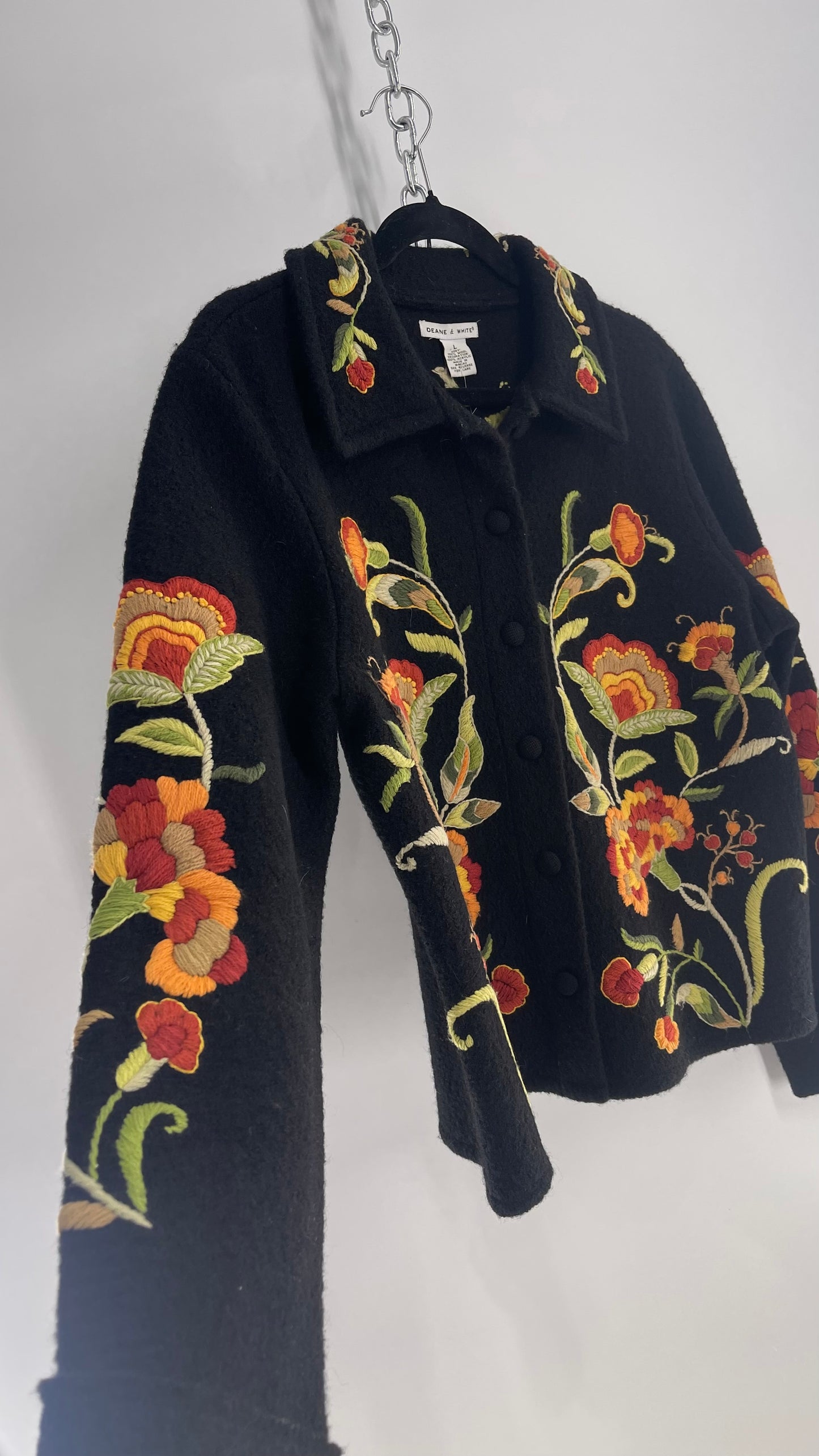 Deane & White Black 100% Wool Orange and Yellow Embroidered Flower Cardigan Jacket (Large)