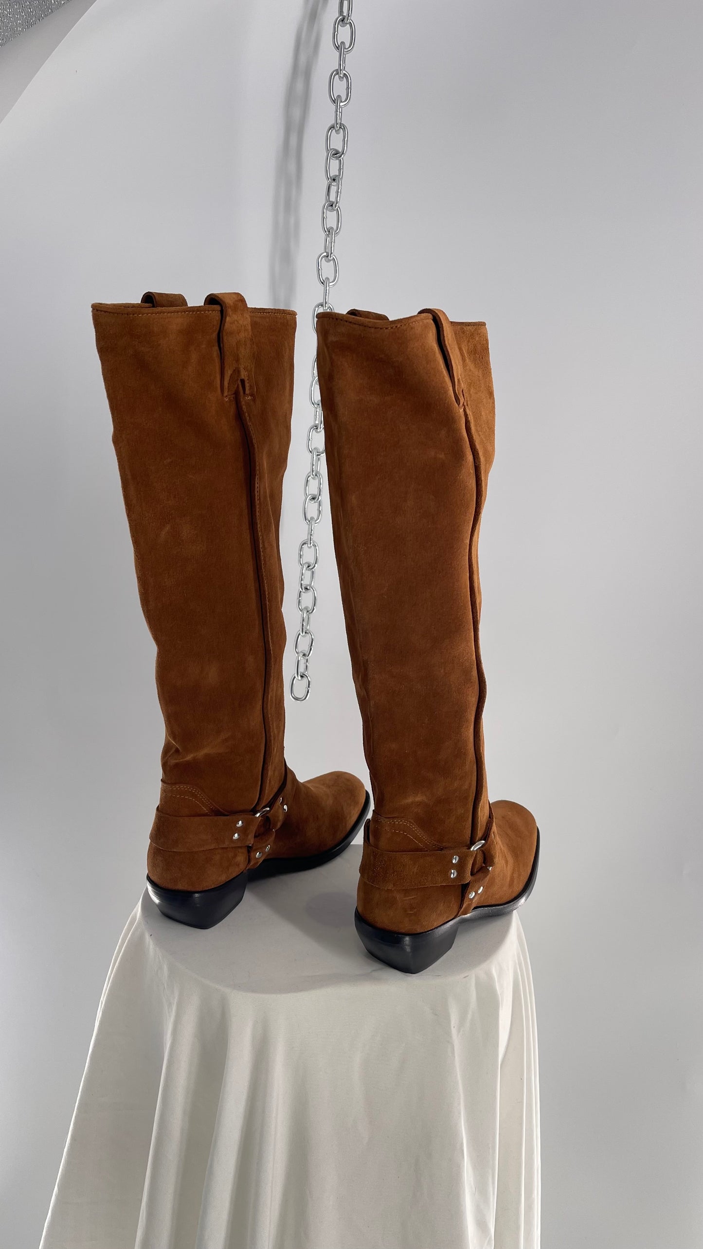 Free People Lockhardt Harness Thick Suede Leather Square Toe Knee High Boot (37)