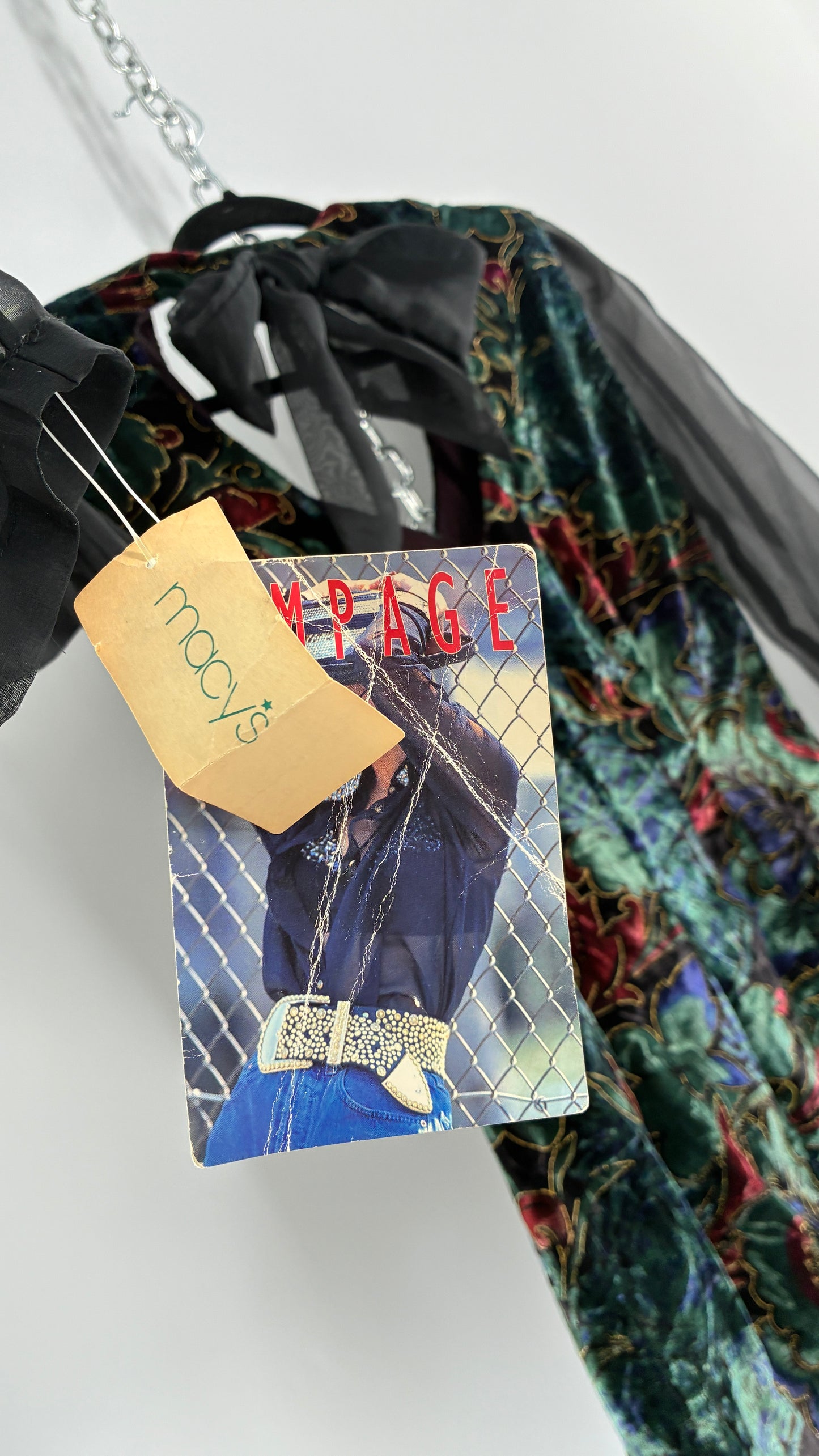 Deadstock Vintage RAMPAGE 1980s Micro Mini Dress Velour with Sheer Bubble Sleeves, Open Back, Elaborate Crystal Buttons and Bow Back Detail (Small)