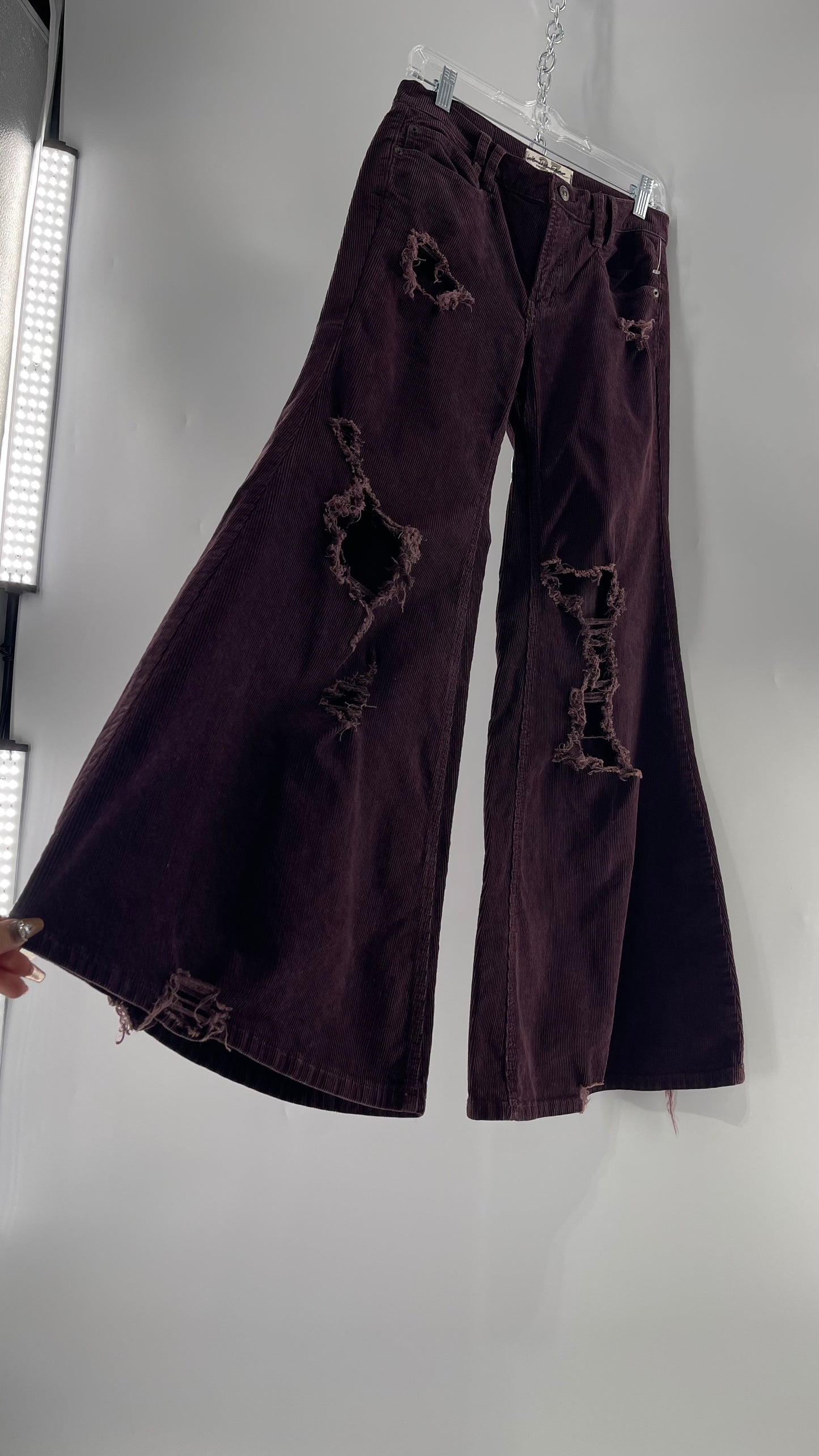 Free People Plum Corduroy Distressed Flare Bell Bottoms (27)
