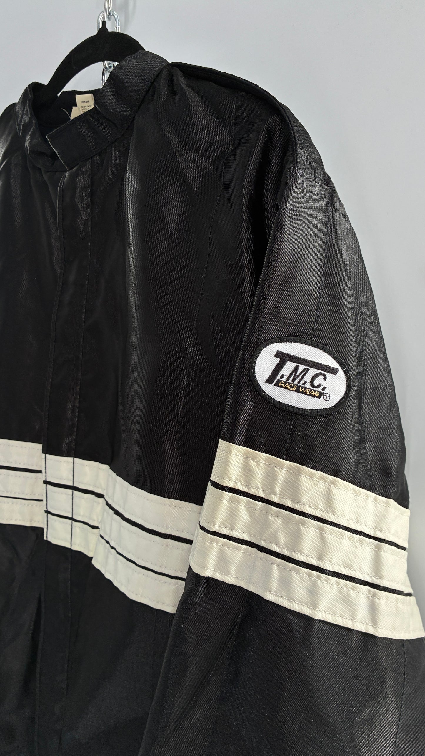 Vintage TMC RACING Black Jacket with White Striped Detailing (Large)