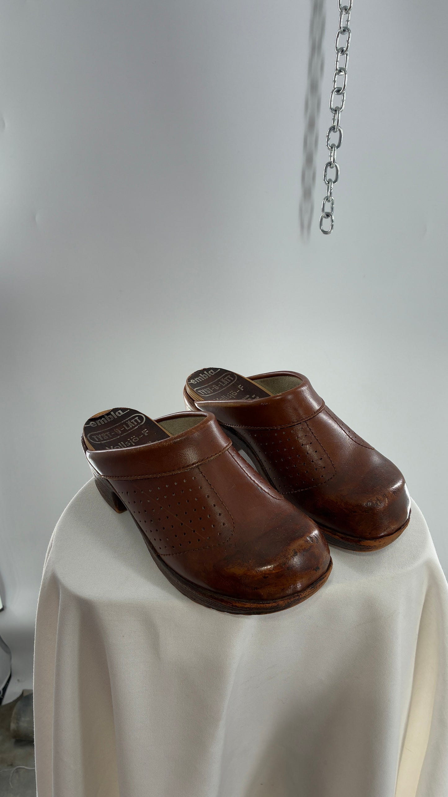 Vintage EMBLA 1970s Brown Leather, Wooden Clogs (37)