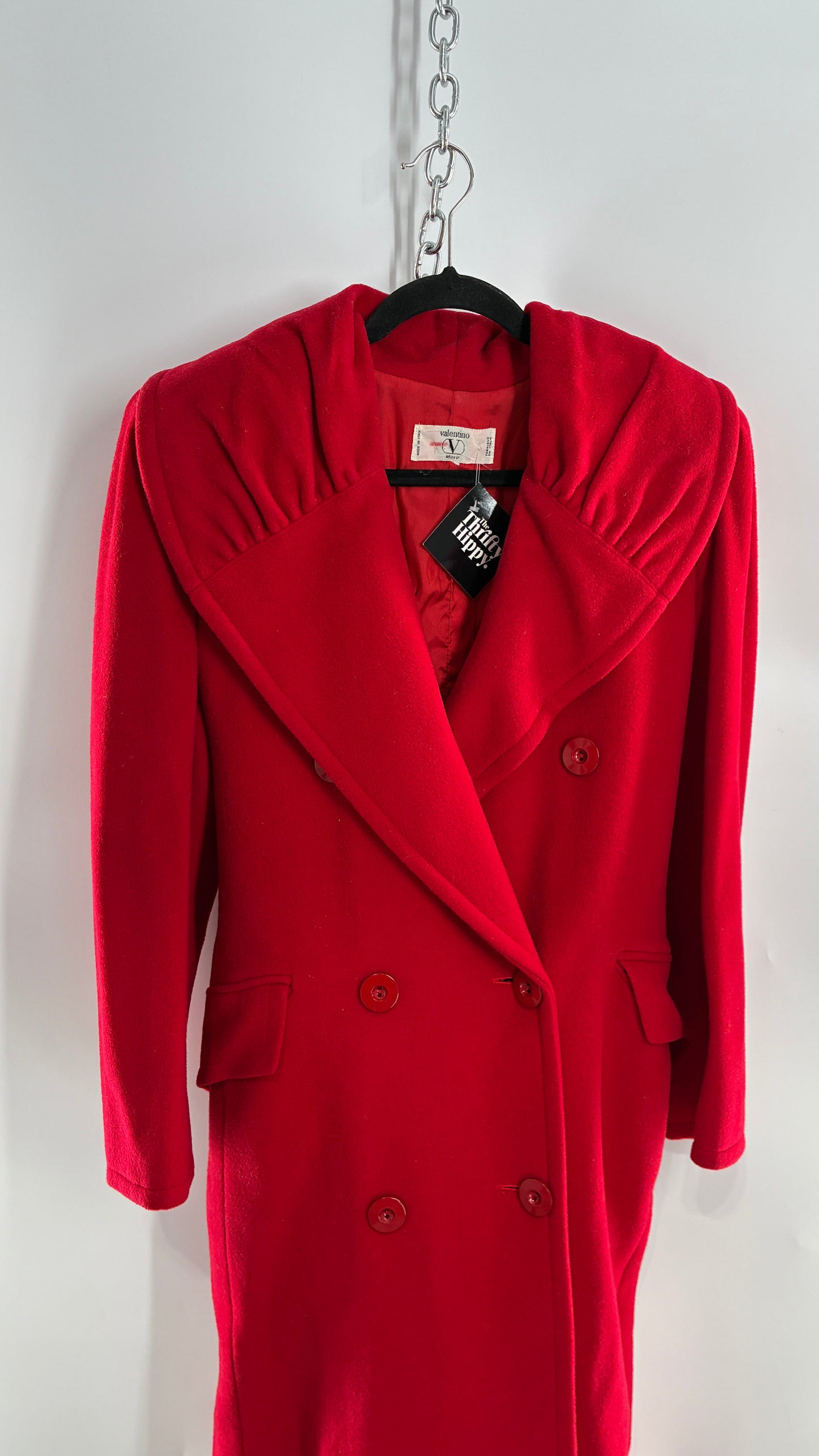 Vintage VALENTINO Miss V Red Sweeping, Tie Back and Pleated/Draped Collar Coat