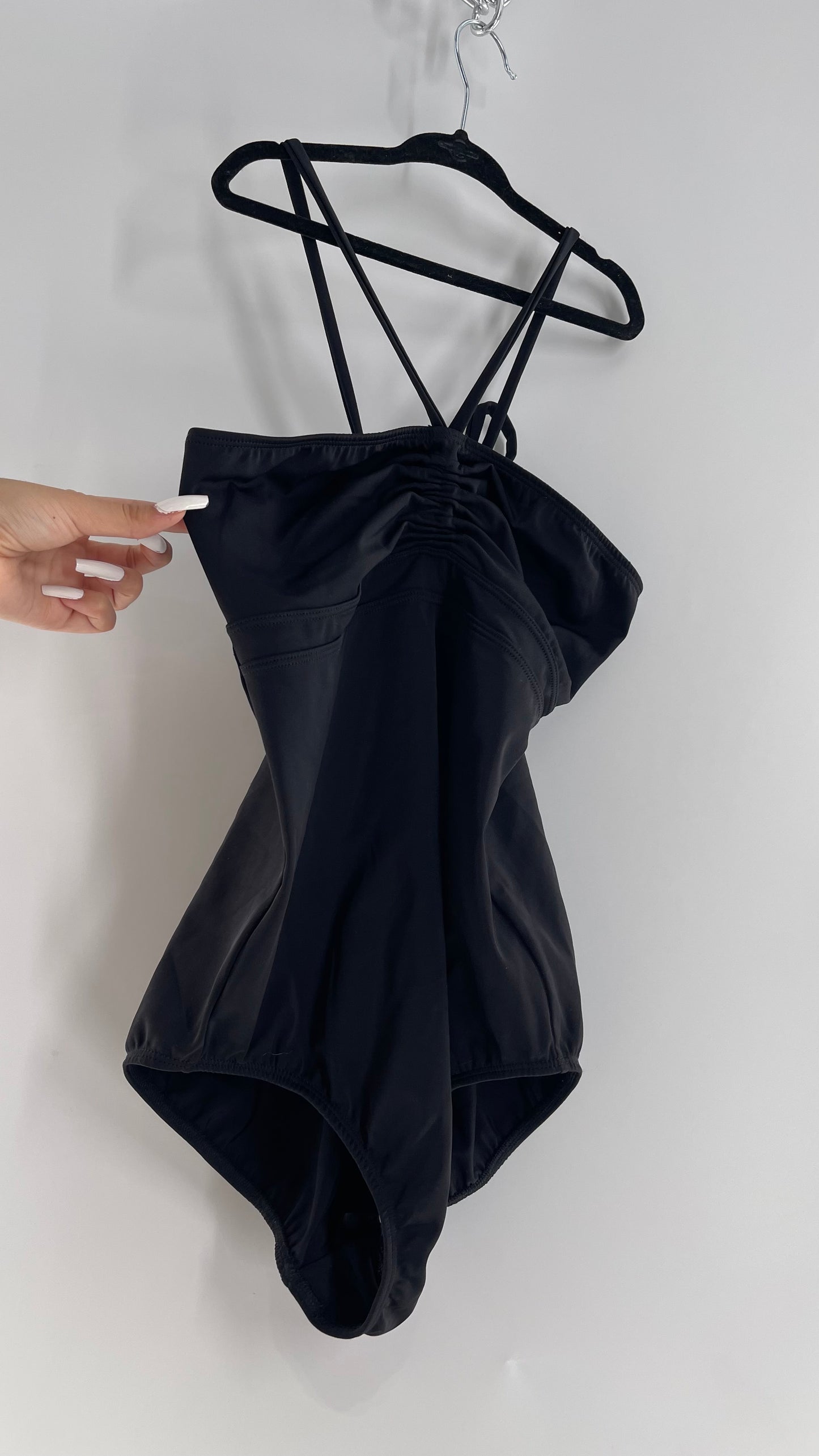 Malia Mils Black Bathing Suit with Ruched Halter (Small)