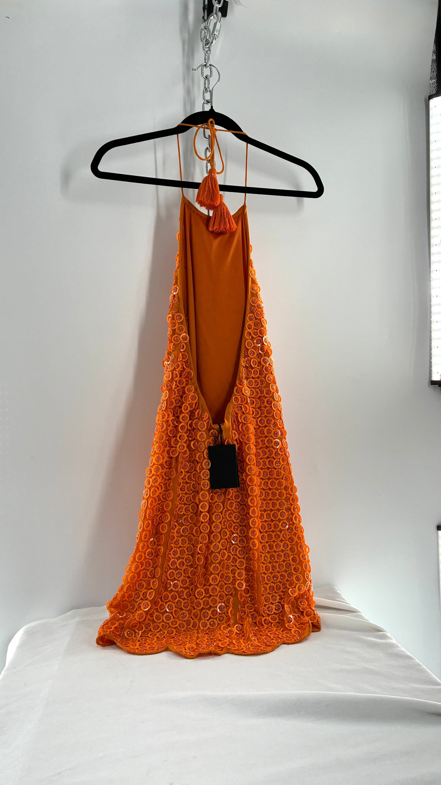 X by NBD Orange Backless Halter Mini Dress with Scalloped Hem, Covered in Beads and Sequins (Medium)