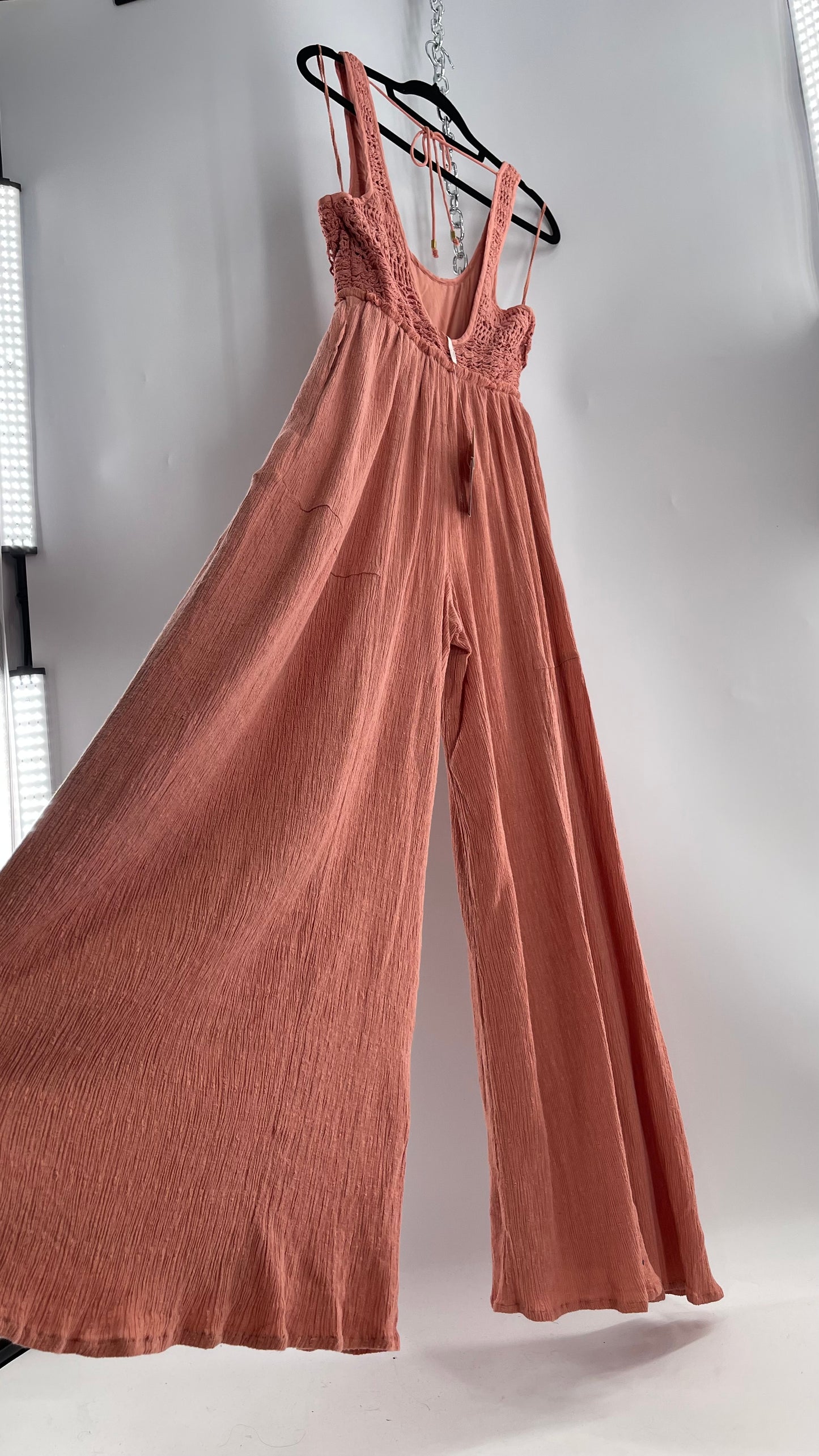 Free People Rose/Peach Pink Wide Leg Jumpsuit with Crochet Bust and Tags Attached (XS)