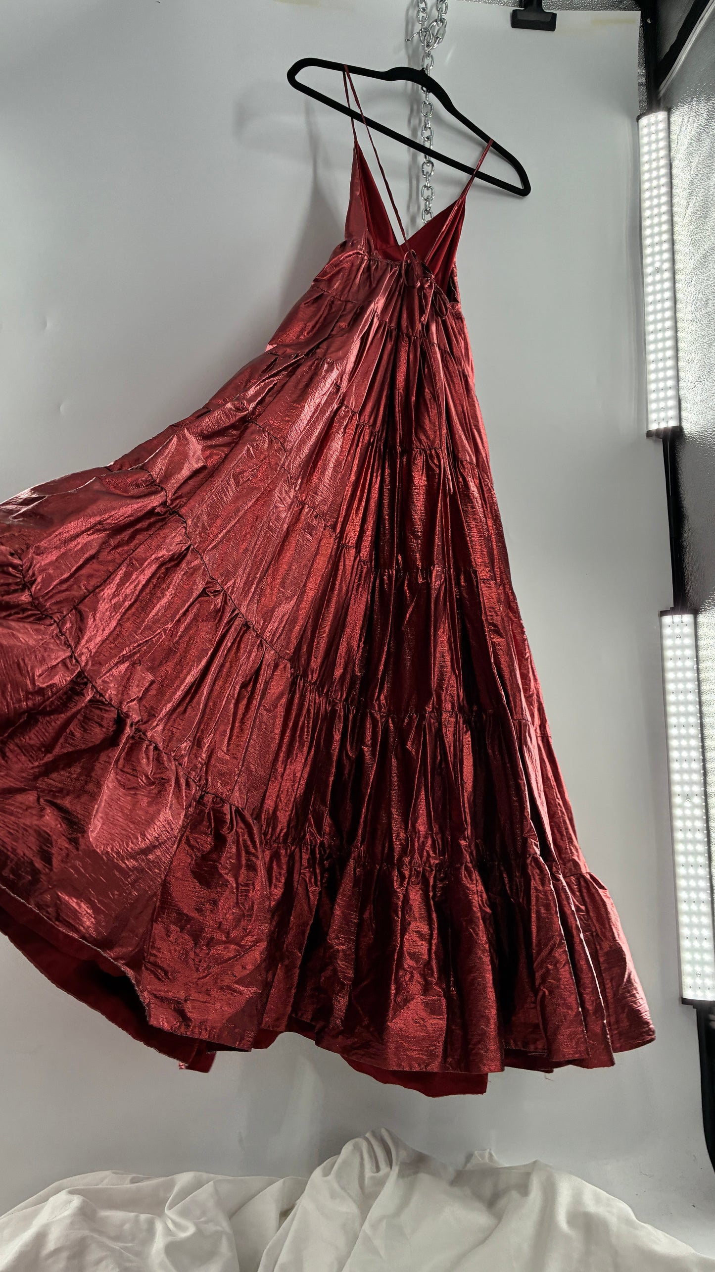 HUTCH Red Metallic Tiered Voluminous Maxi Gown (XS)