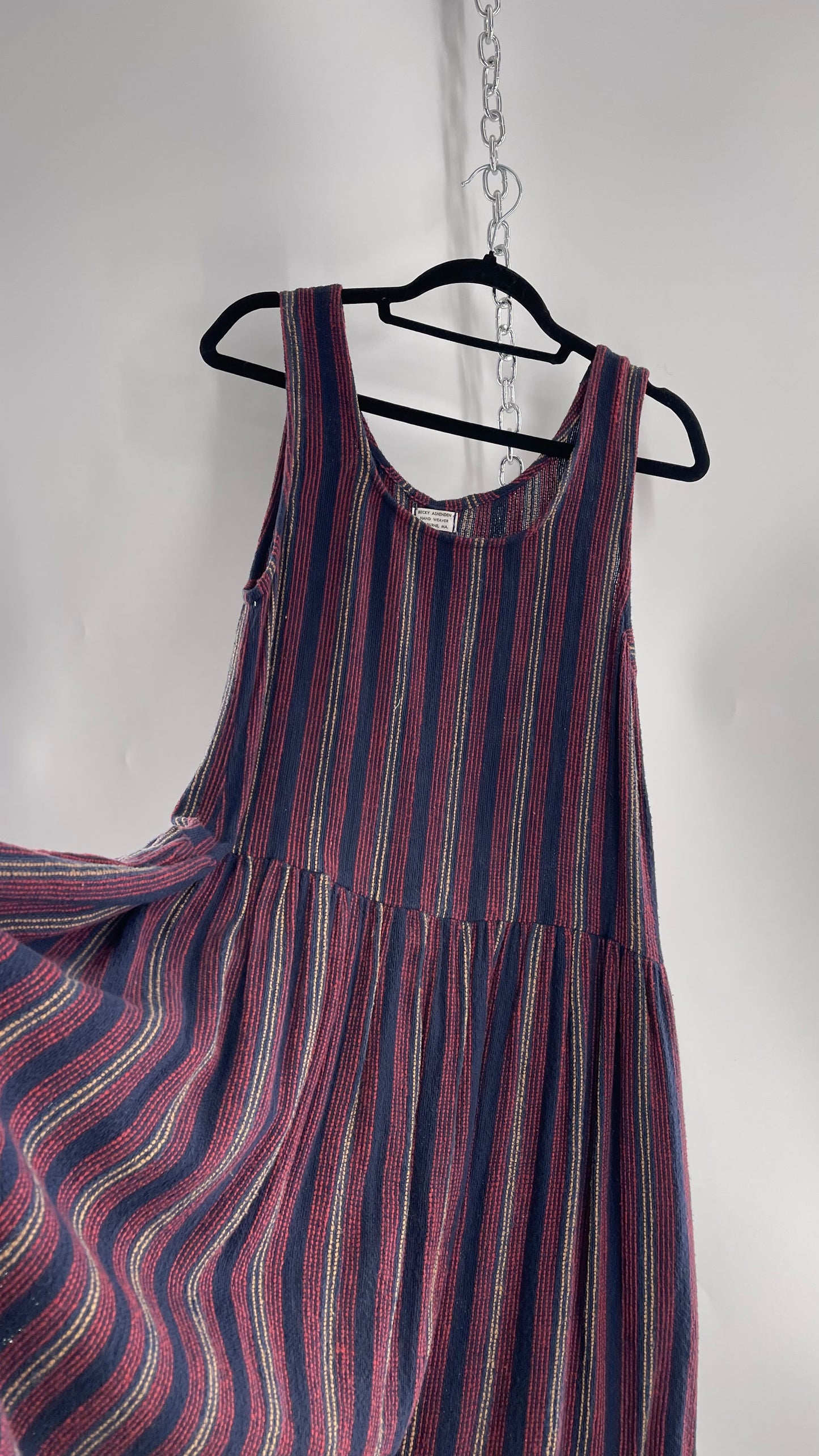 Becky Ashenden Vintage Hand Woven Shelburne, MA Midi Overall Dress with Pockets (M)