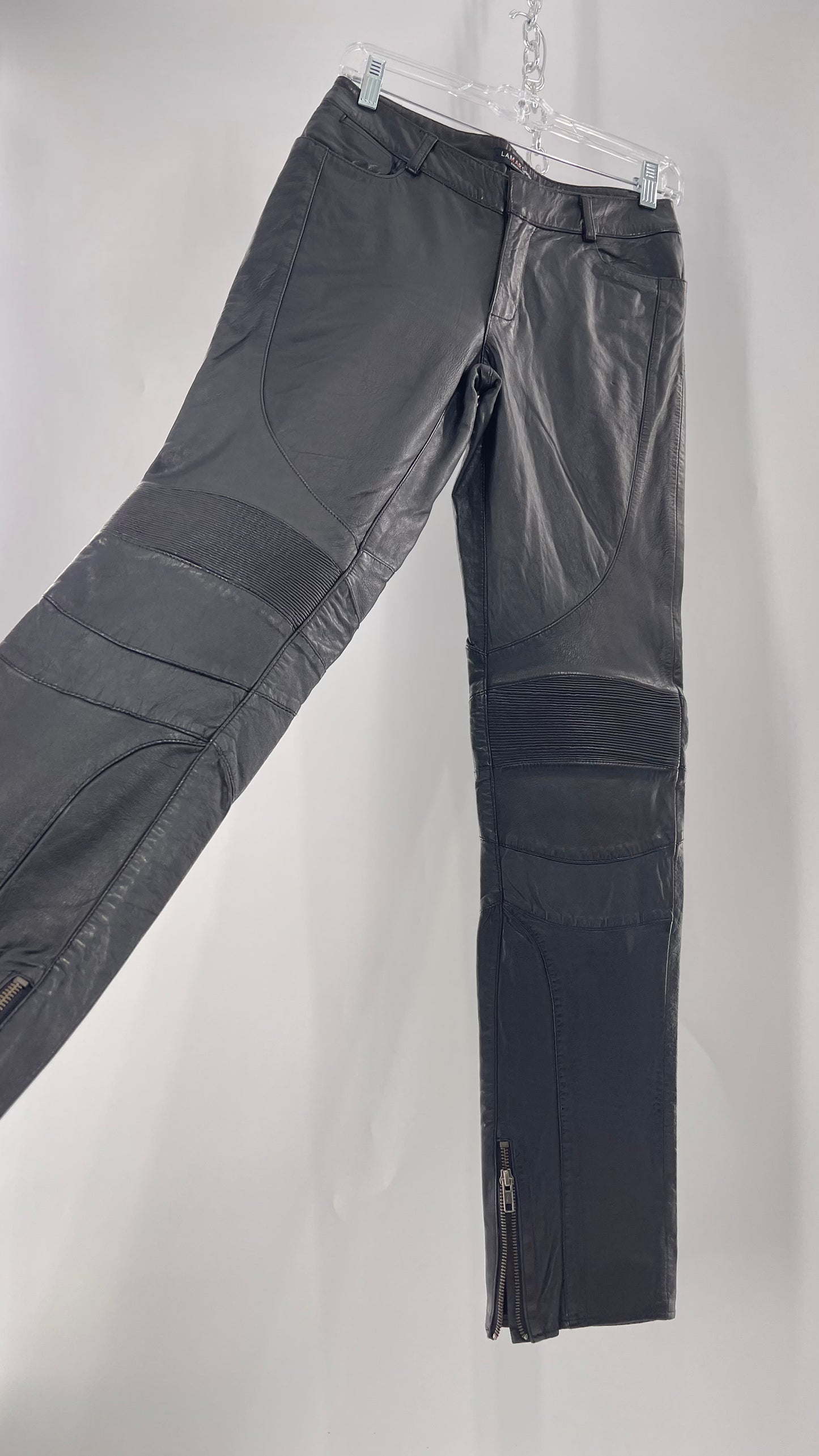 LAMARQUE 1990s Collection Vintage Black Leather Moto Style Pant with Panels, Ribbing and Zipper Details (6)